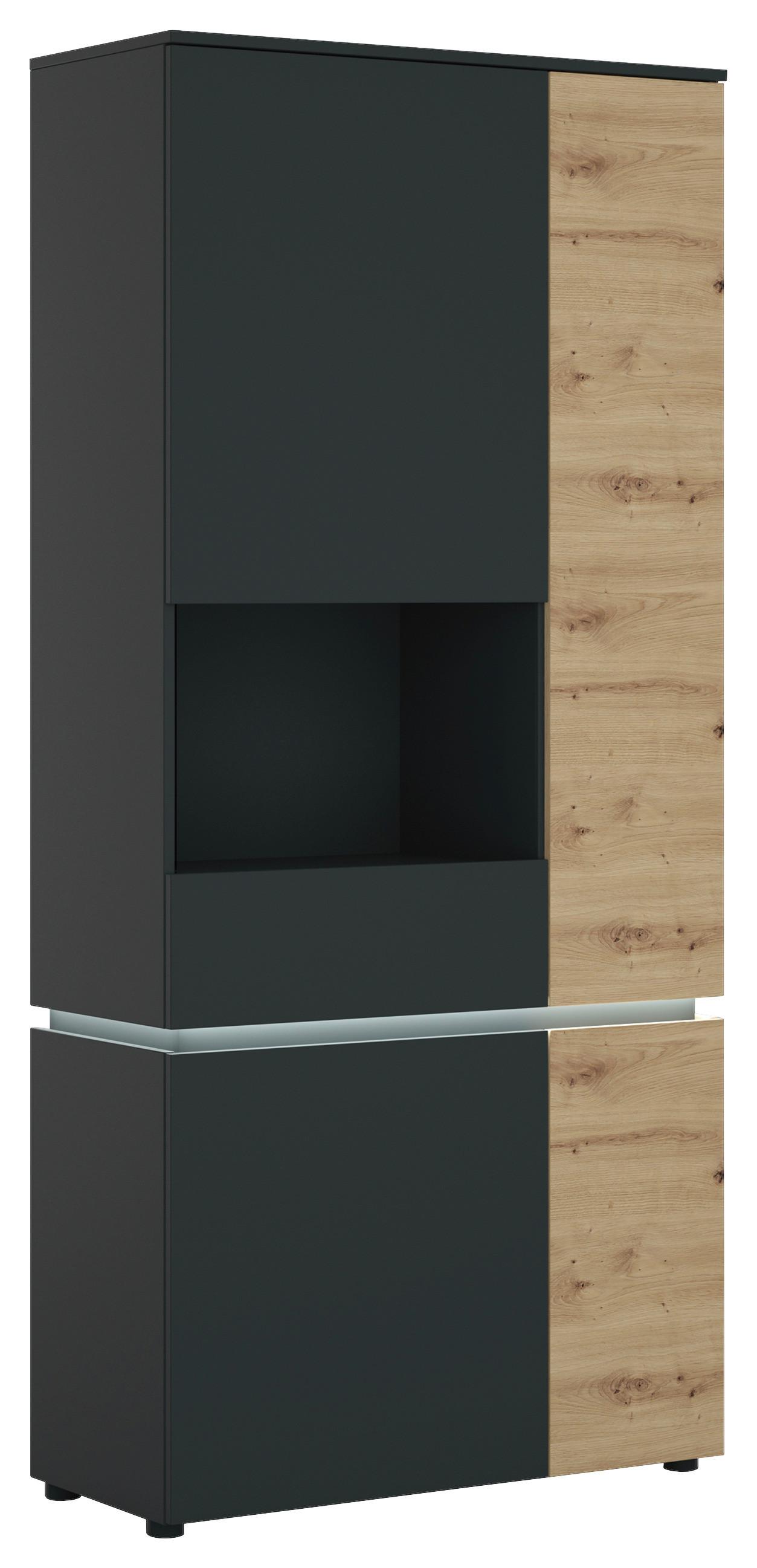 Vitrine Luci Grau Eiche Artisan/Grau B: 90,4 cm - Schwarz/Eiche Artisan, Trend, Glas/Holzwerkstoff (90,4/199/40cm) - MID.YOU