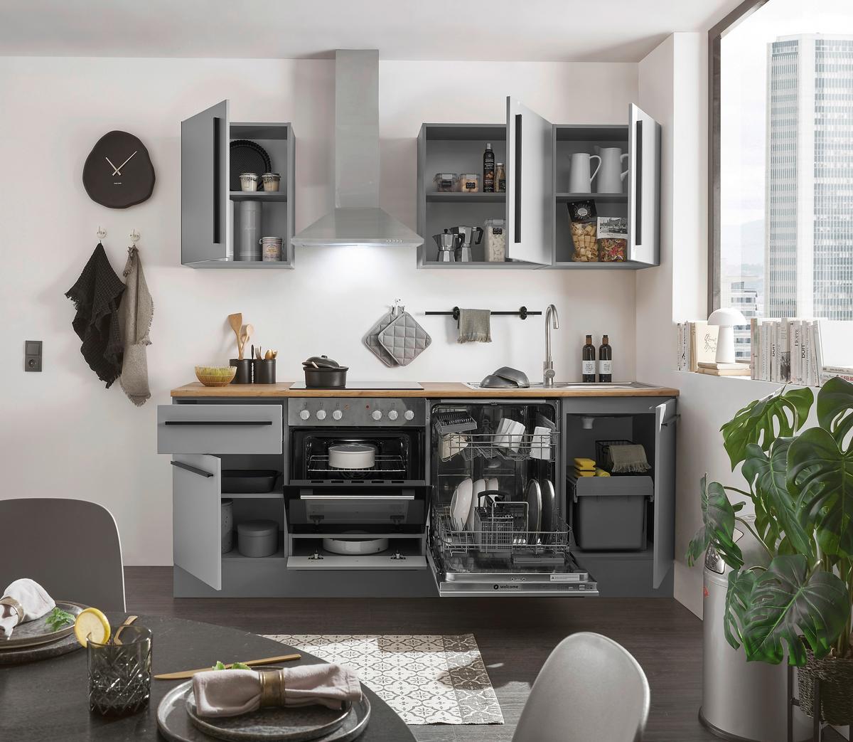Kuchyňský blok DENVER bez spotřebičů, šířka 220 cm - šedá/barvy dubu, Design, kompozitní dřevo/plast (220cm) - MID.YOU