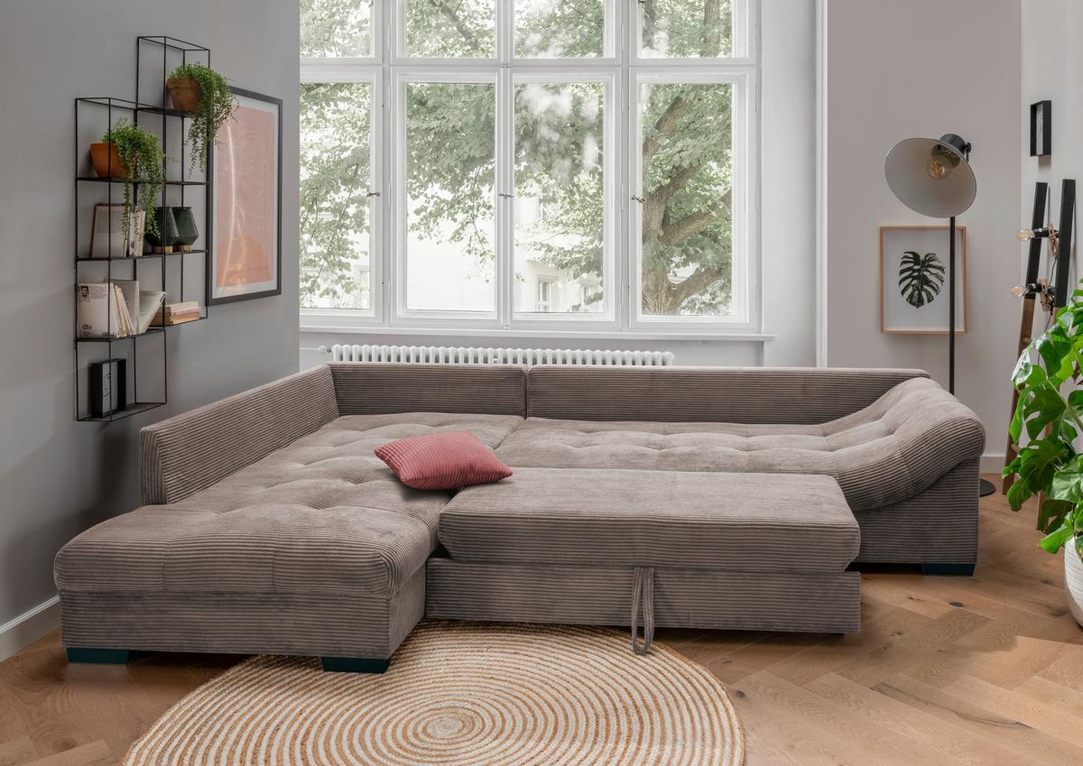 Rohová sedačka ALVITO, ľavá, sivohnedý menčester - hnedá/koralová, Design, drevo/textil (202/298cm) - MID.YOU