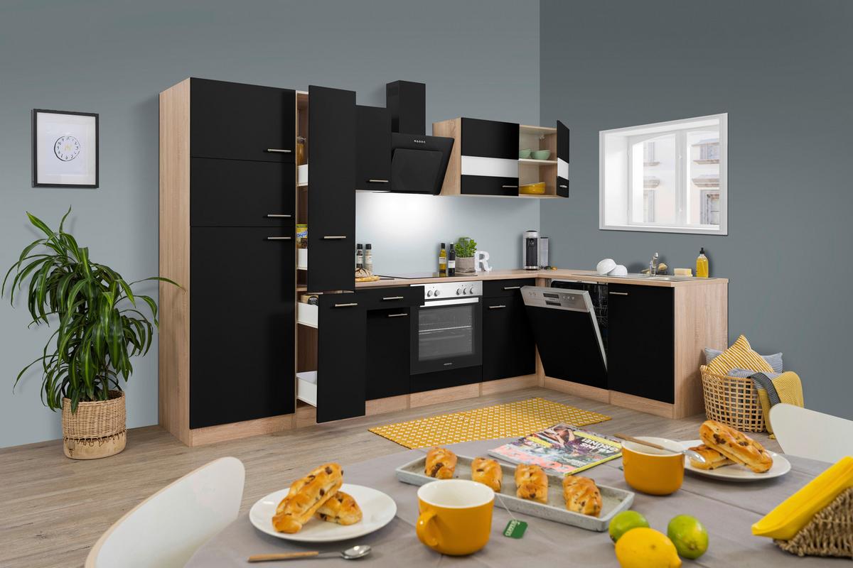 Eckküche Economy mit Geräten 172 cm Schwarz/Eichefarben - Eichefarben/Schwarz, Basics, Glas/Holzwerkstoff (310/172cm) - Respekta
