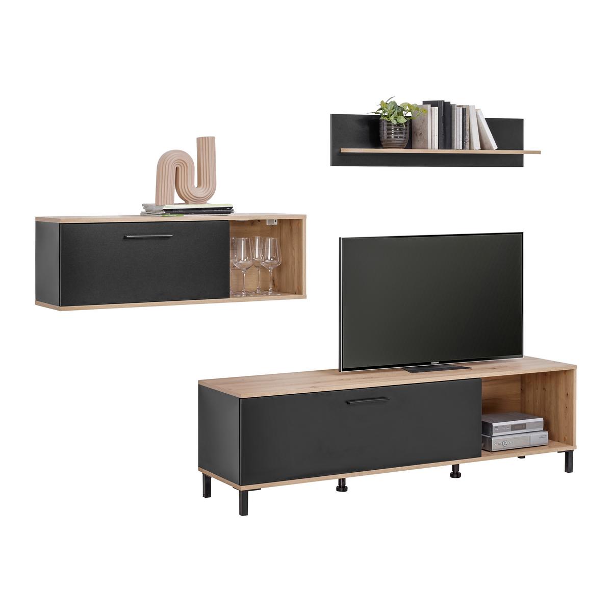 Obývací stěna VIDA - černá/dub artisan, Basics, kompozitní dřevo/plast (255/165/40cm) - Based