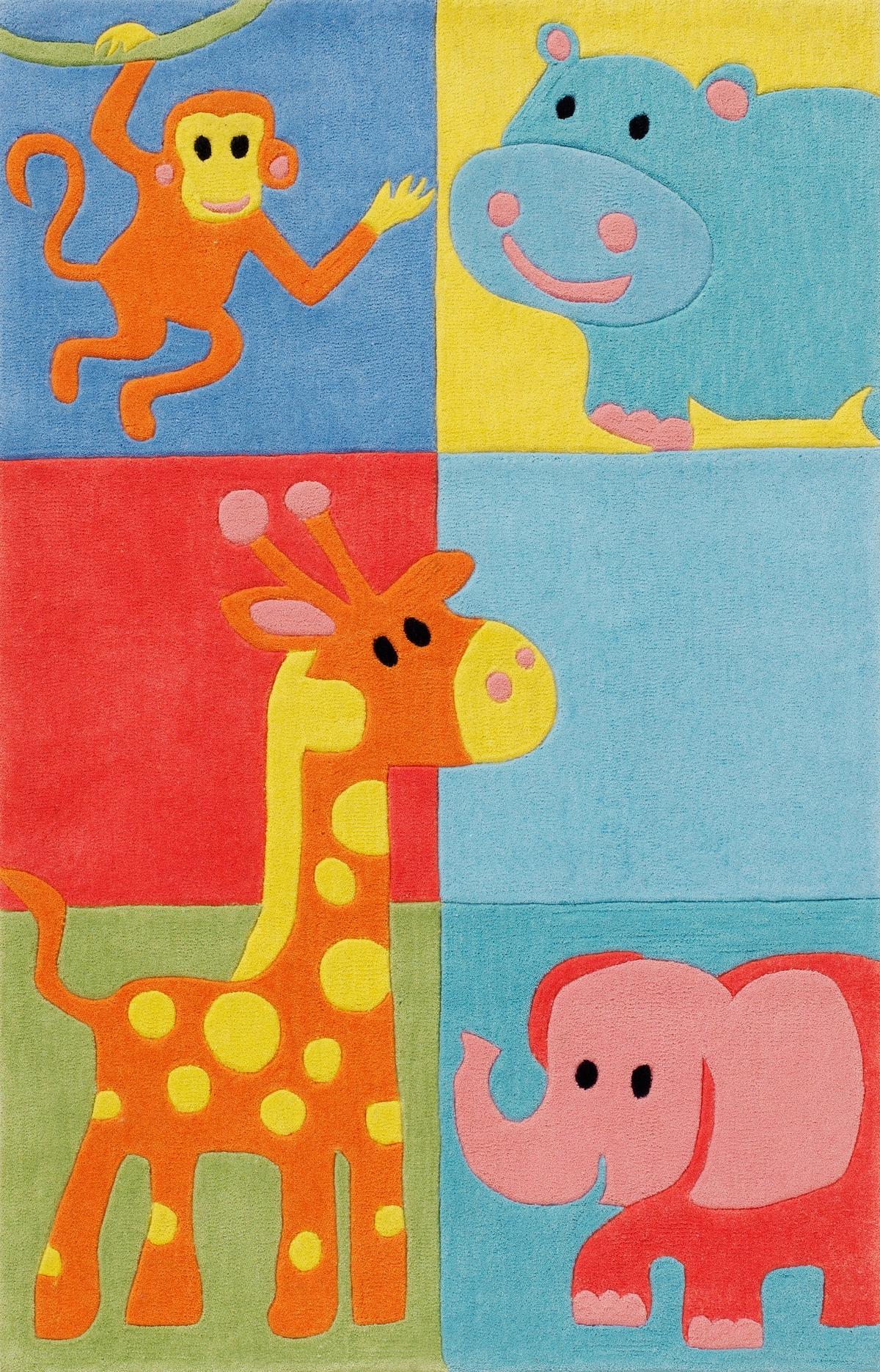 Kindertepppich Tiere/Karo Multicolor 80x150 cm - Blau/Gelb, Trend, Textil (80/150cm)