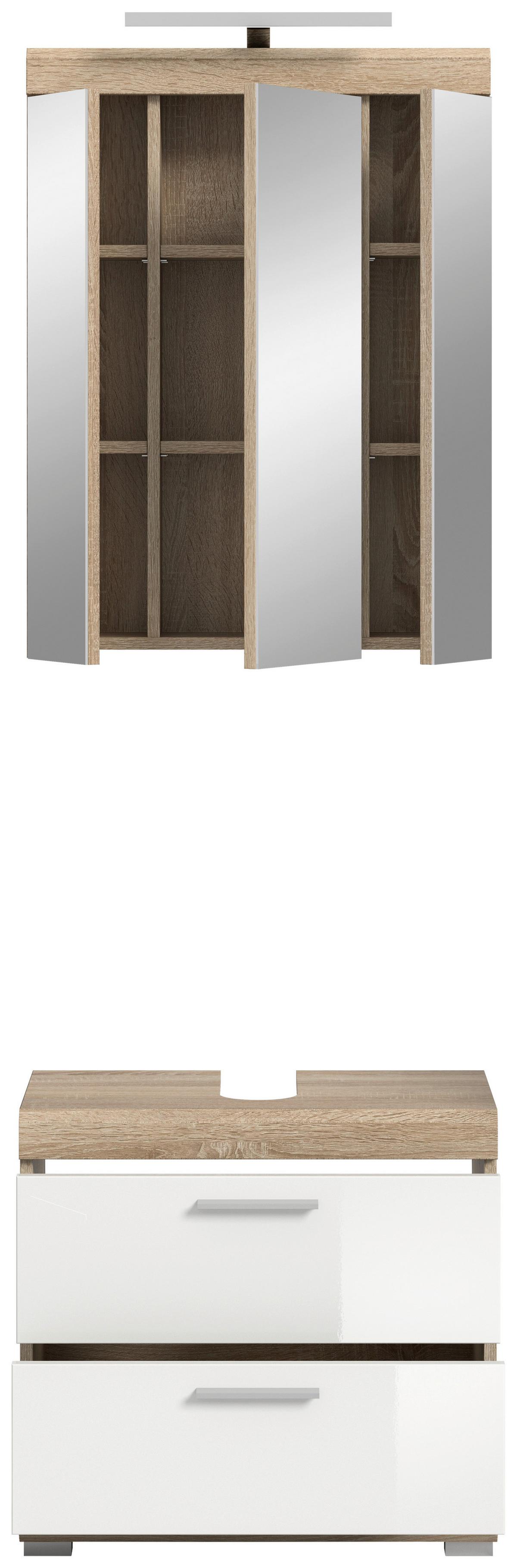 Badezimmer Lambada Eiche Dekor/weiß B: 60 Cm - Weiß Hochglanz/Silberfarben, MODERN, Glas/Holzwerkstoff (60cm) - MID.YOU