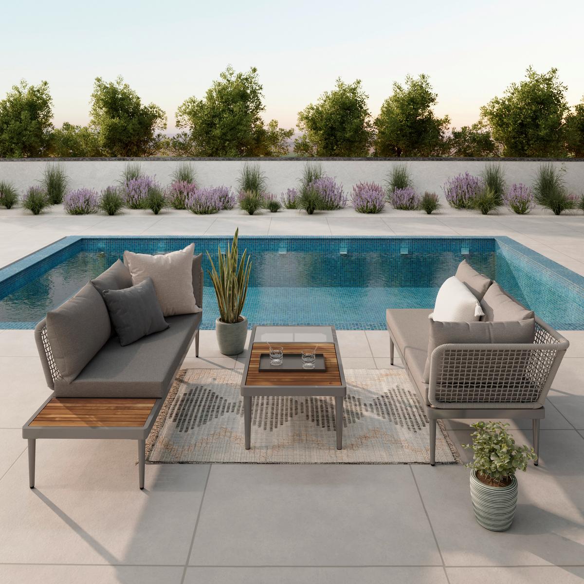 TERASOVÁ SEDACIA SÚPRAVA SUNNY - sivá/farba tíku, Modern, kov/drevo (186/73/76cm) - Mömax