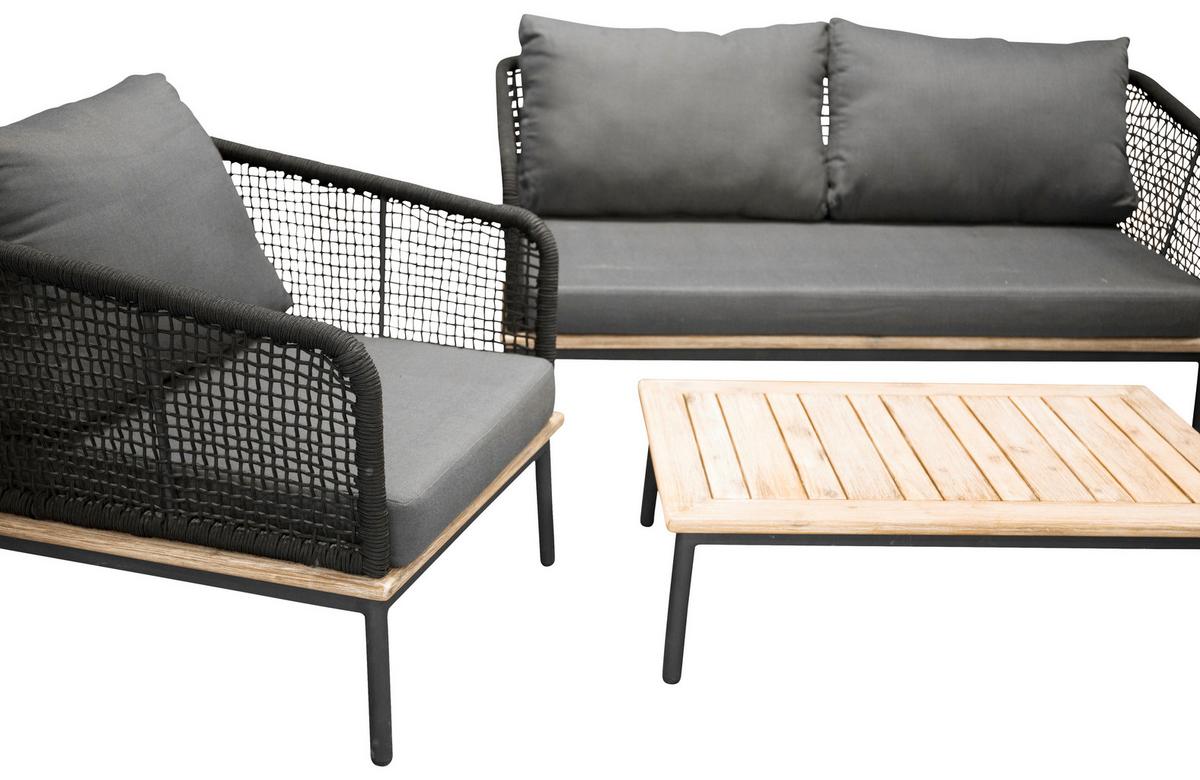 Loungegarnitur 4-tlg Andorra Kunststoff/holzdekor M. Kissen - Schwarz, KONVENTIONELL, Kunststoff (79,5/148cm) - Gardenson