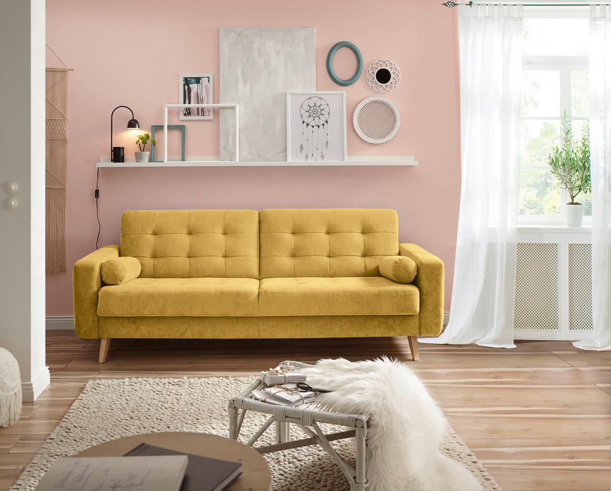 Schlafsofa mit Bettkasten und Kissen Fjord, Webstoff - Eichefarben/Gelb, MODERN, Holzwerkstoff/Textil (222/86/90cm) - MID.YOU