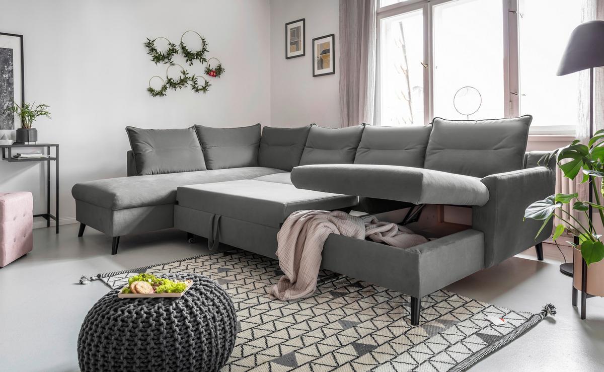 Wohnlandschaft mit Schlaffunktion Stylish Stan - Hellgrau/Schwarz, Basics, Textil (200/300/150cm) - MID.YOU