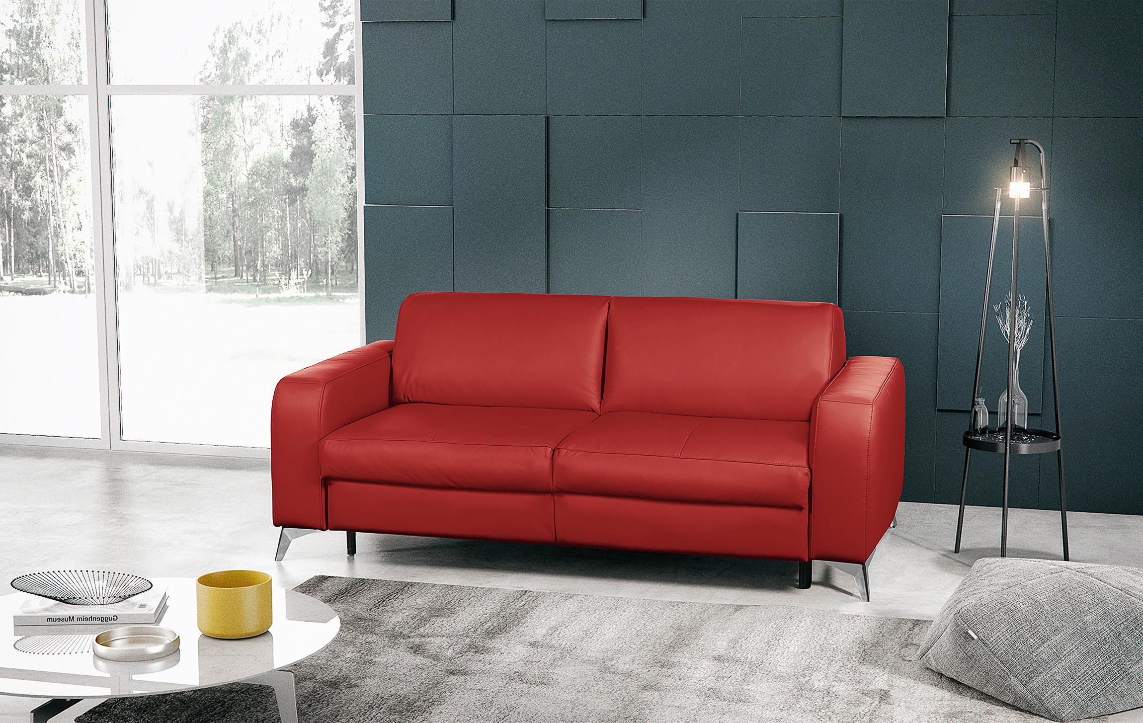 Schlafsofa Aloe Echtleder Rot B: 204 cm - Silberfarben/Rot, Design, Leder (204/84/104cm) - Livetastic