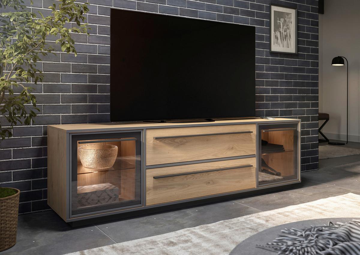 TV-Lowboard Nadiro B: 187 cm Wildeiche Dekor/Schwarz Matt - Eichefarben/Schwarz, Trend, Glas/Holzwerkstoff (187/55/40cm) - Livetastic