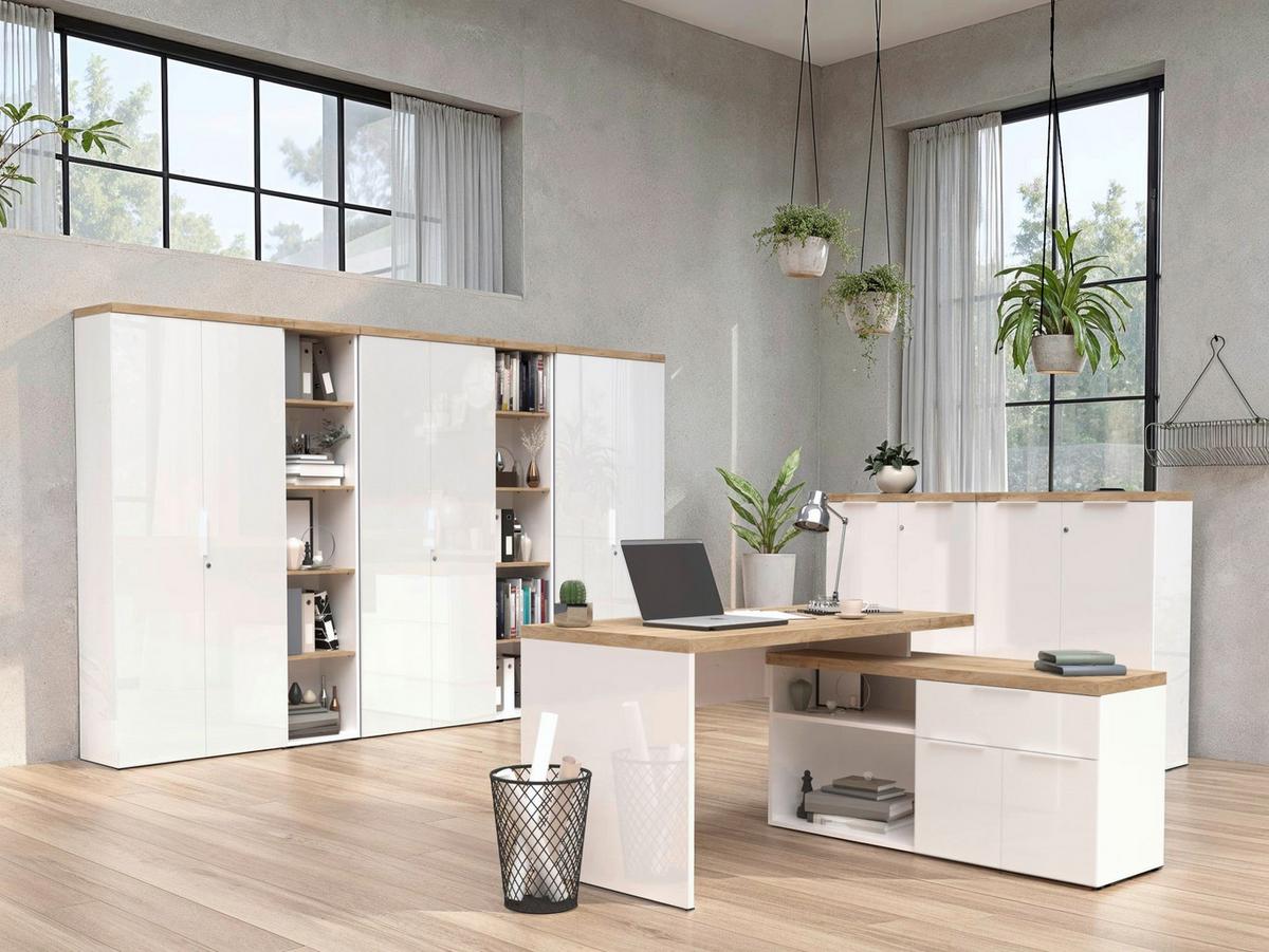 SKRIŇA EASY OFFICE - biela s vysokým leskom/farba duba, Modern, kov/kompozitné drevo (81/116/34cm) - Based