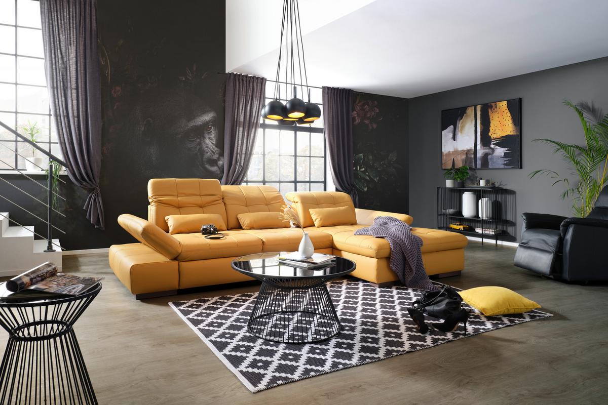 Rohová sedačka SANFINO, pravá kari žlutá pravá kůže - curry žlutá/barvy chromu, Konvenční, kov/kůže (305/199cm) - Premium Living