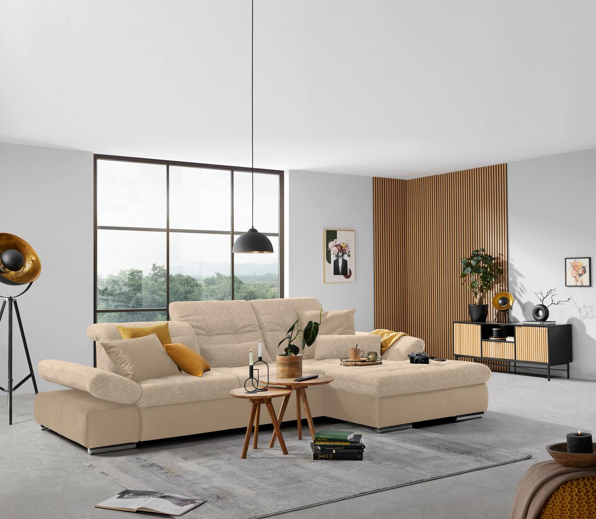 Rohová sedačka SANFINO, pravá, béžová - chrómová/béžová, Konventionell, kov/drevo (305/79-96/199cm) - Premium Living