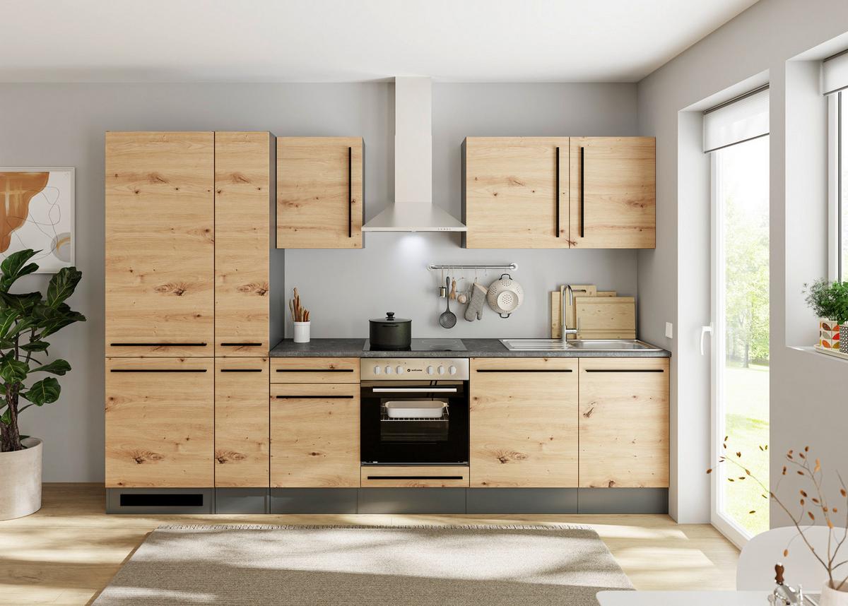 Küchenzeile Jazz 8 mit Geräten 310 cm Anthrazit/Eiche Artisan - Anthrazit/Eiche Artisan, LIFESTYLE, Holzwerkstoff (310cm) - P & B