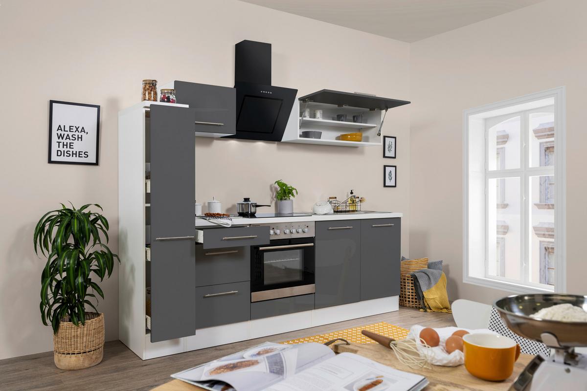 Küchenzeile Rp240wgc Mit Geräten 240 Cm Grau/weiß - Schwarz/Weiß, KONVENTIONELL, Holzwerkstoff (240cm) - Respekta