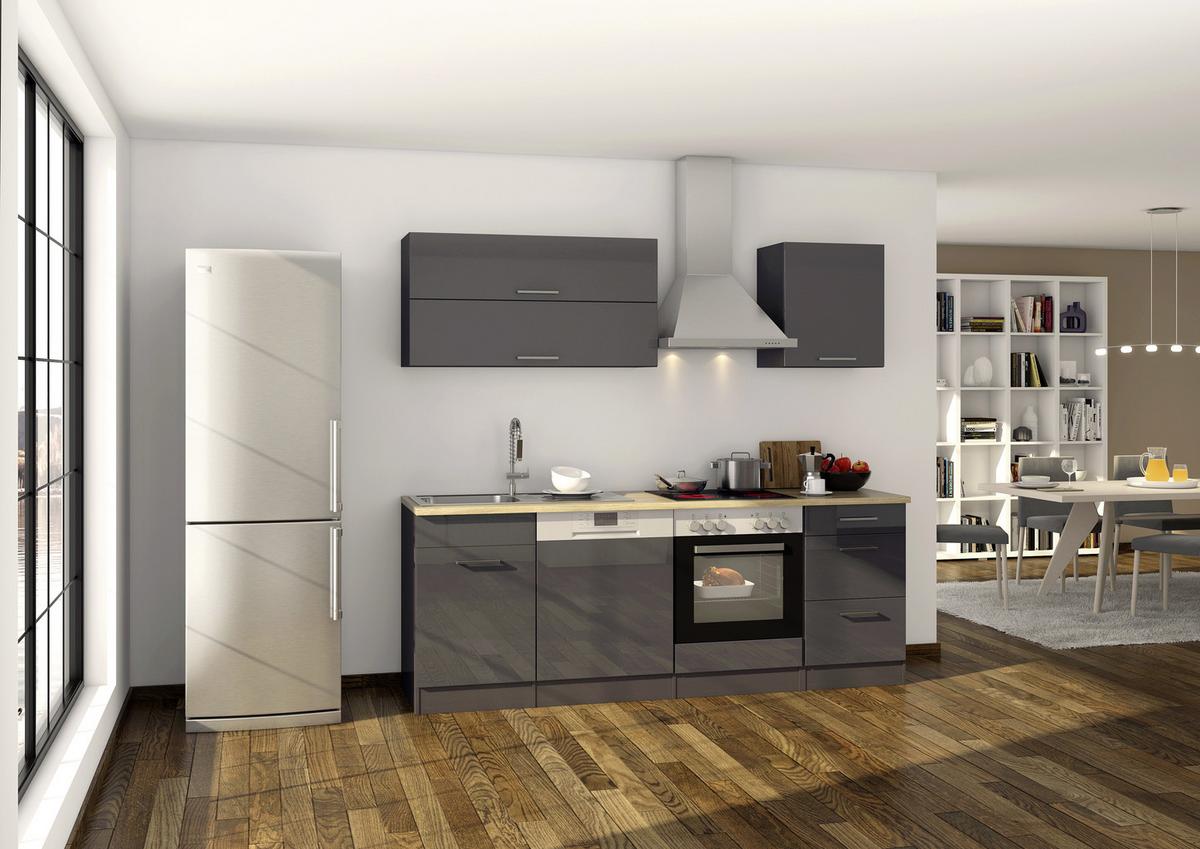 Küchenzeile Mailand mit Geräten 220 cm Anthrazit Hochglanz - Eichefarben/Anthrazit, MODERN, Holzwerkstoff (220cm) - Held