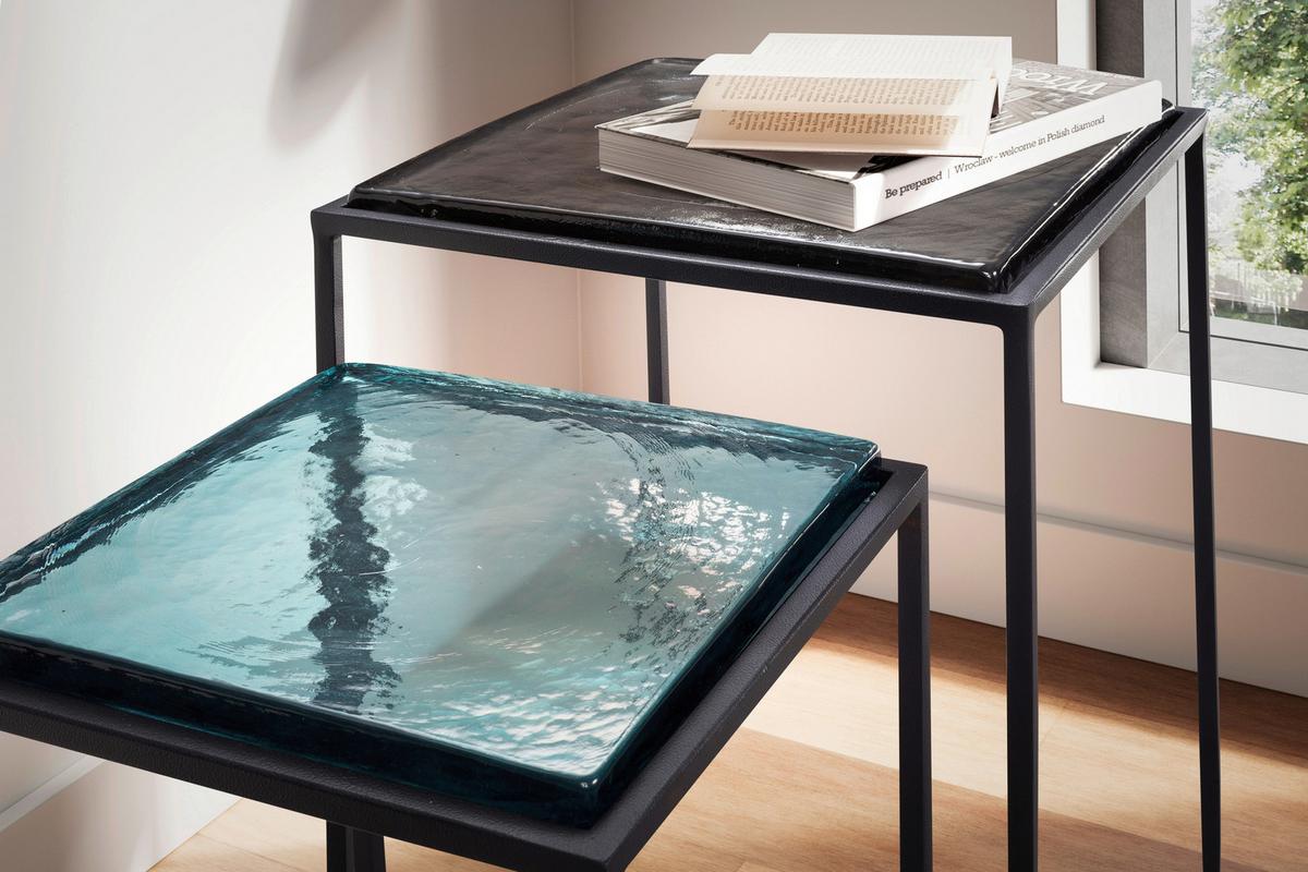 Satztisch Blau, Schwarz 2-teilig - Blau/Schwarz, Design, Glas/Metall - MID.YOU