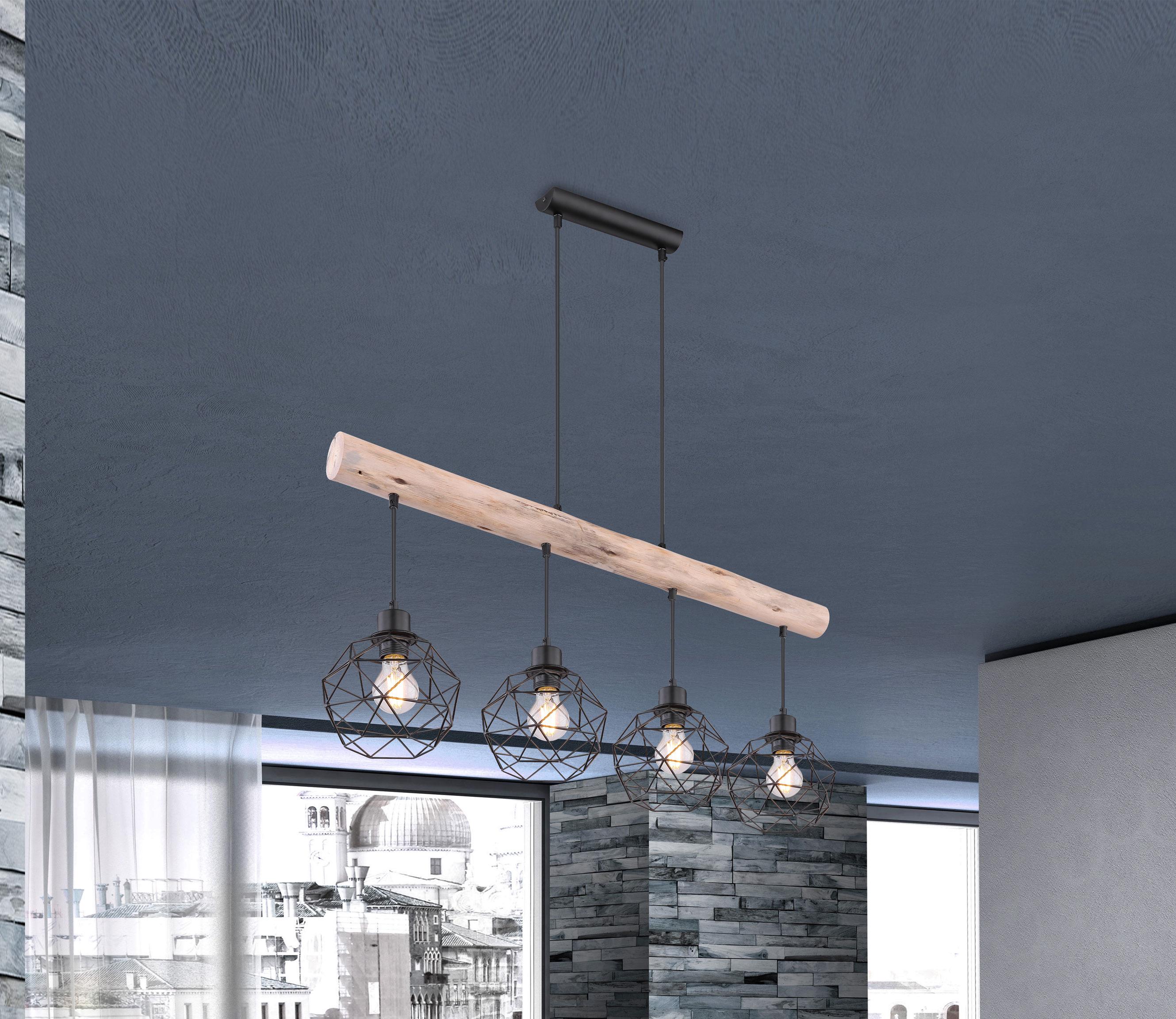 Hängeleuchte Theodor H: 120 Cm 4-Flammig - Schwarz/Naturfarben, Natur, Holz/Metall (85/18cm) - Globo