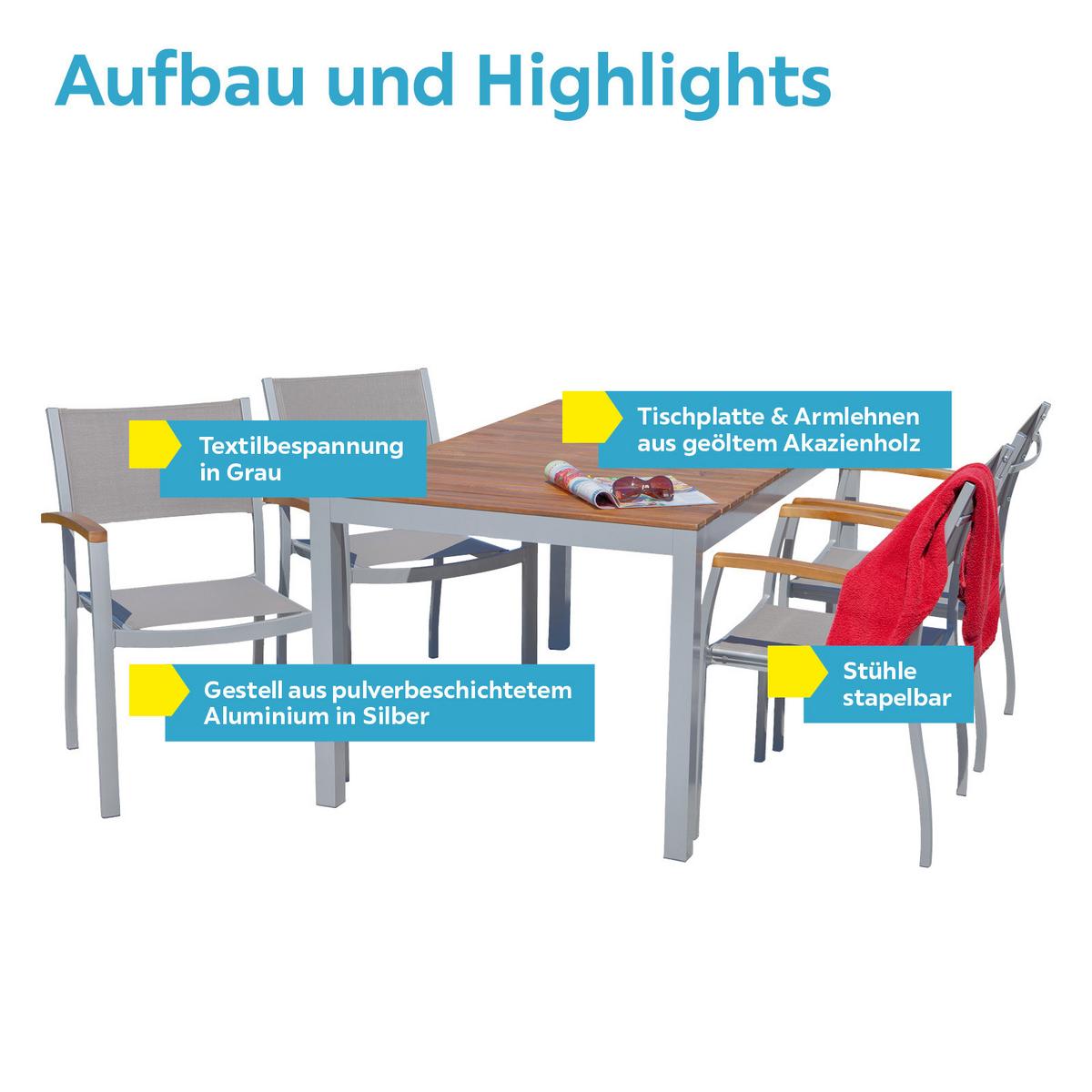 Gartengarnitur 5-Tlg. Naxos Alu/Holz/Textil - Silberfarben/Grau, ROMANTIK / LANDHAUS, Holz/Textil - Gardenson