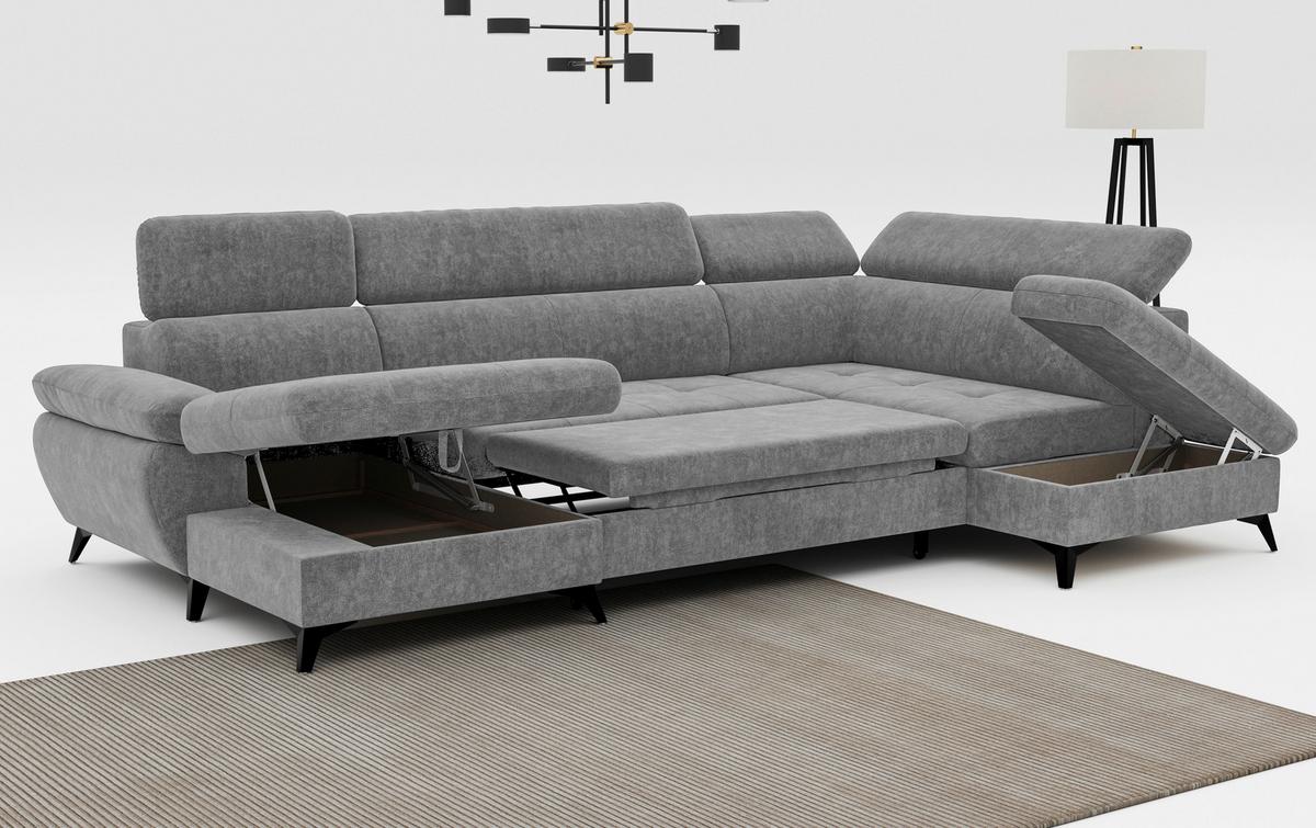 Wohnlandschaft mit Bettkasten Hudson Grau - Schwarz/Grau, Textil (166/324/207cm) - MID.YOU