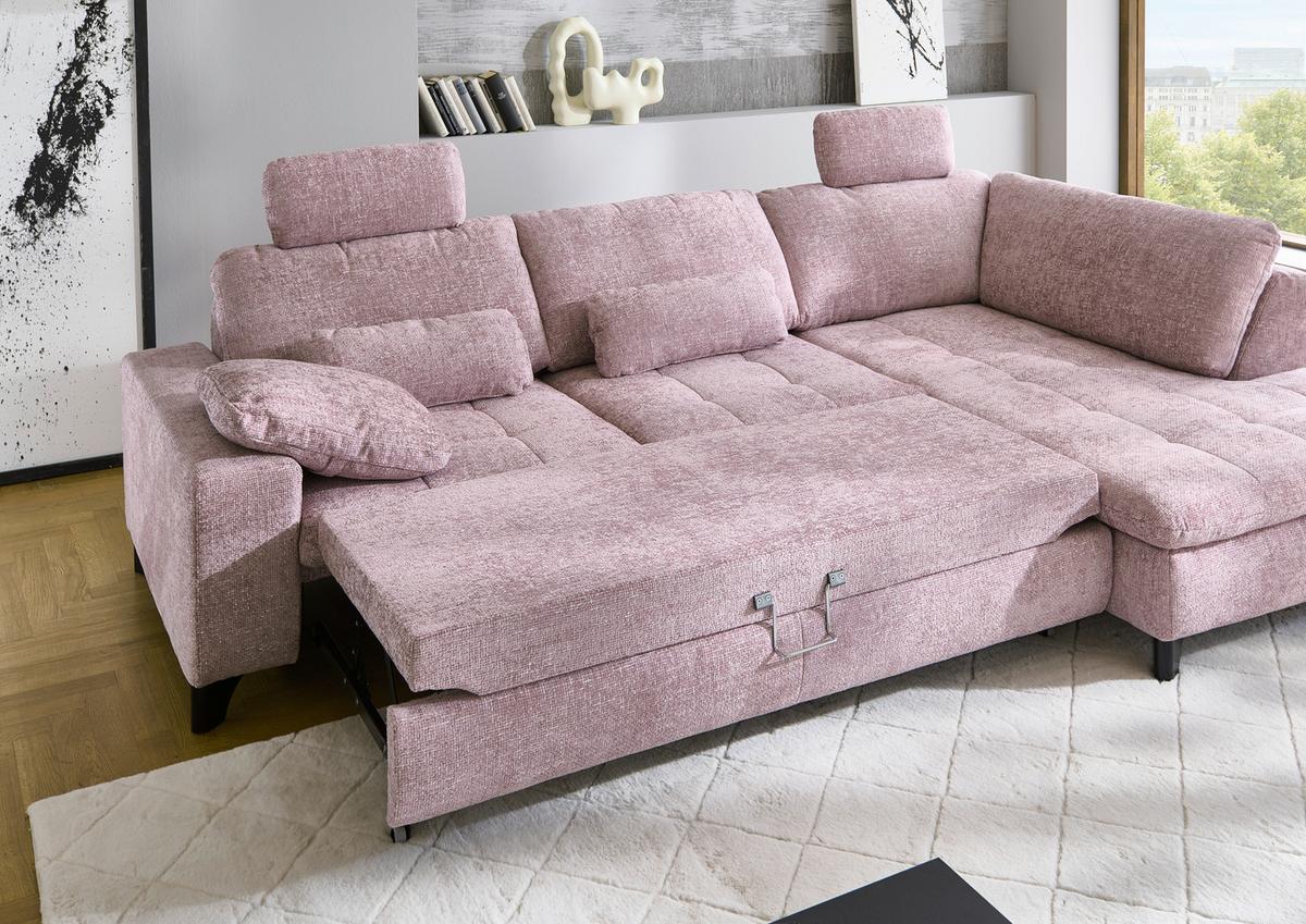 Rohová sedačka LANDO, pravá, ružová ženilka PIA,s funkciami - čierna/ružová, Modern, kov/textil (289/197cm) - Premium Living