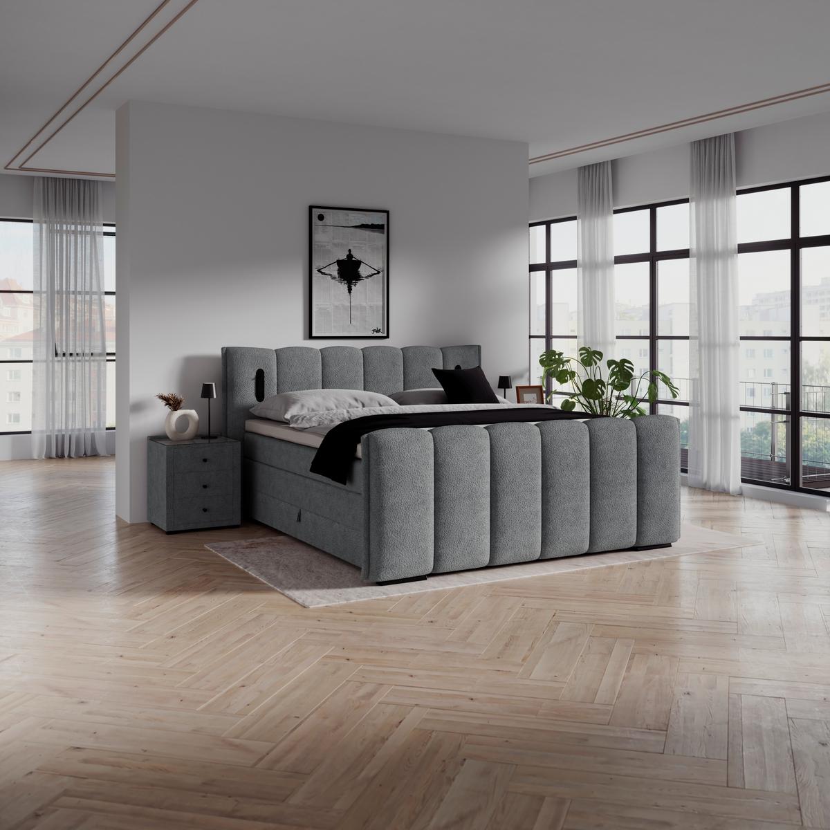 Boxspringbett Elysia inkl. Bettkasten 200x200 - Dunkelgrau/Schwarz, Trend, Holz/Holzwerkstoff (200/200cm) - Luca Bessoni