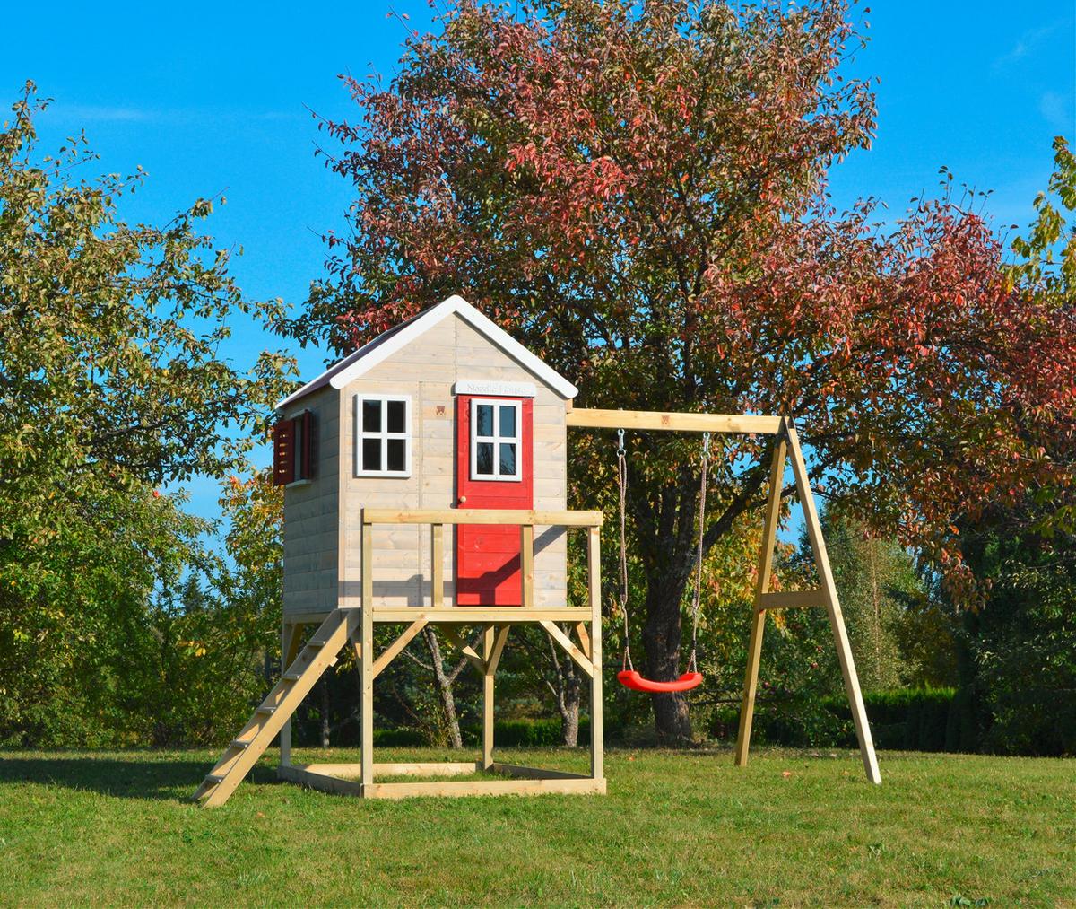 Spielhaus Zebra Naturfarben/rot, B: 350 Cm - Rot/Naturfarben, KONVENTIONELL, Holz (350/242/192cm)