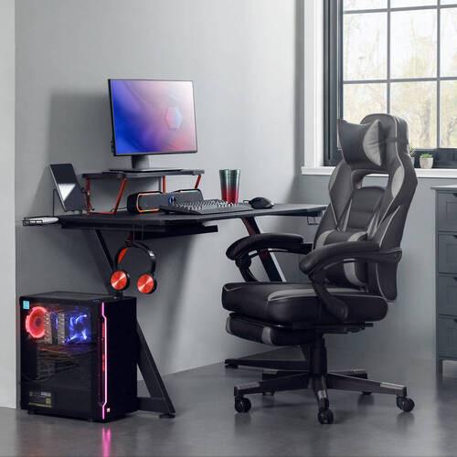 Gaming Stuhl mit Liegefunktion inkl. Kopf-, Nackenstütze - Schwarz/Grau, Basics, Leder/Kunststoff (67/116/66cm) - Boxxx
