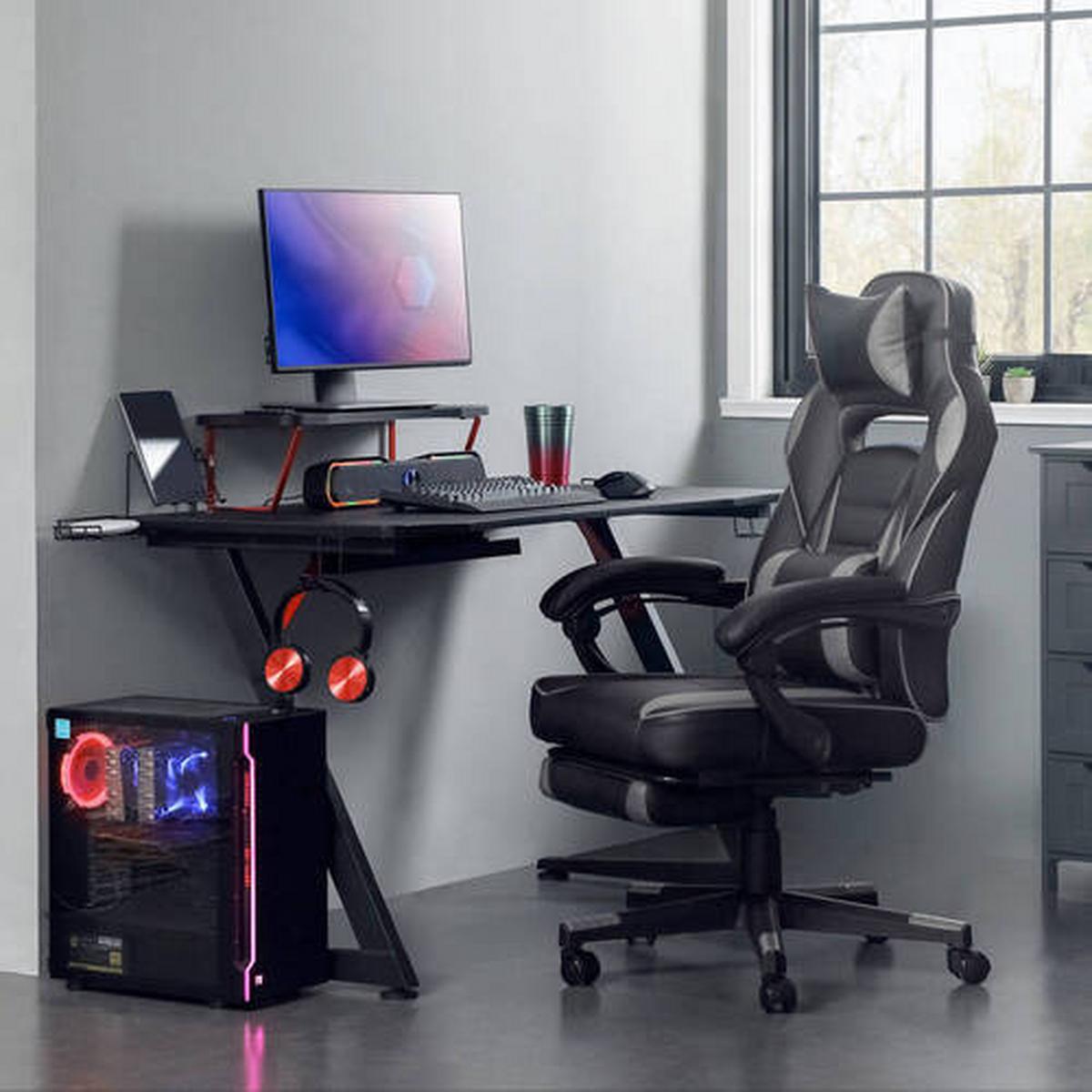 Gaming Stuhl Mit Liegefunktion Inkl. Kopf-, Nackenstütze - Schwarz/Grau, Basics, Leder/Kunststoff (67/116/66cm) - Boxxx
