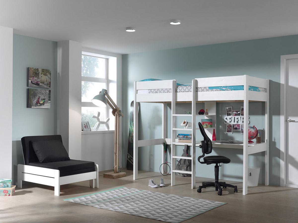 Hochbett Pino B: 105 cm Echtholz Weiß - Weiß/Kieferfarben, Basics, Holz (90/200cm) - Vipack