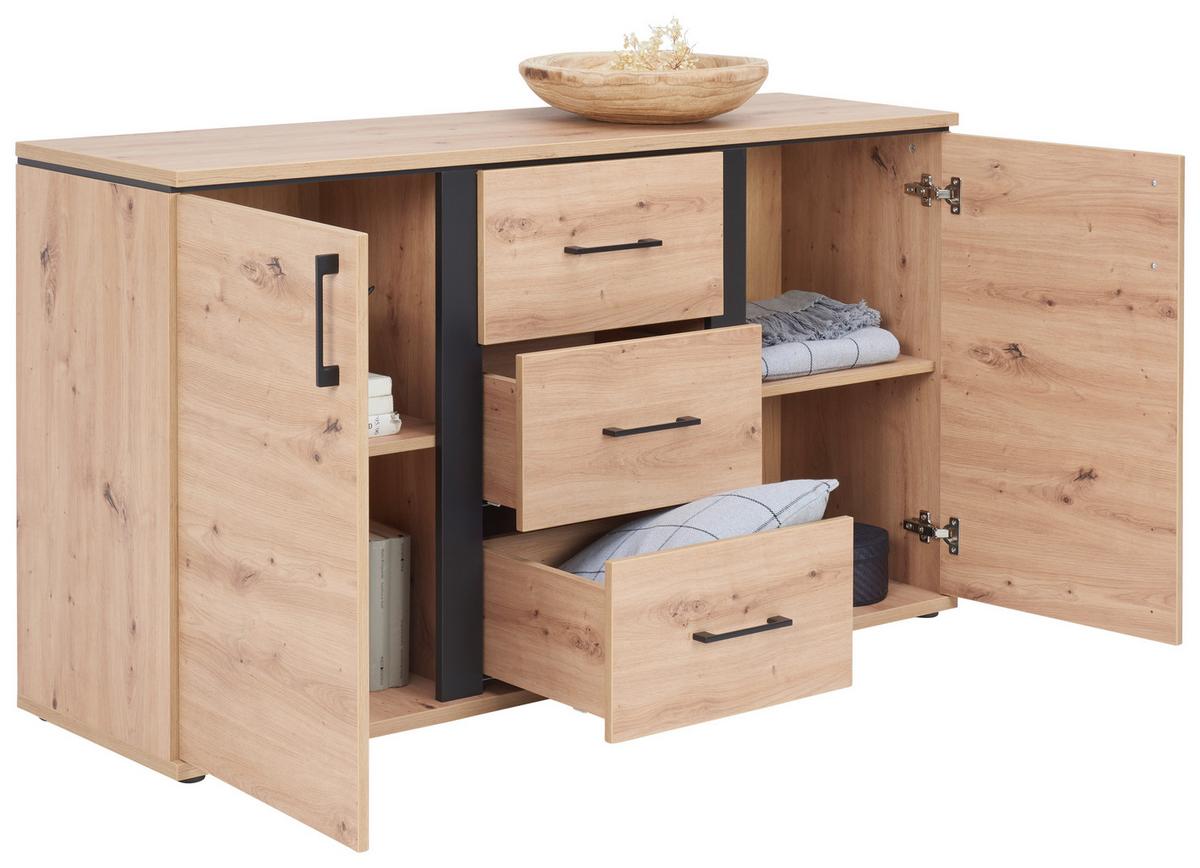 ŠIROKÁ KOMODA NATURE - čierna/farba duba, Konventionell, kov/kompozitné drevo (145/84/42cm)