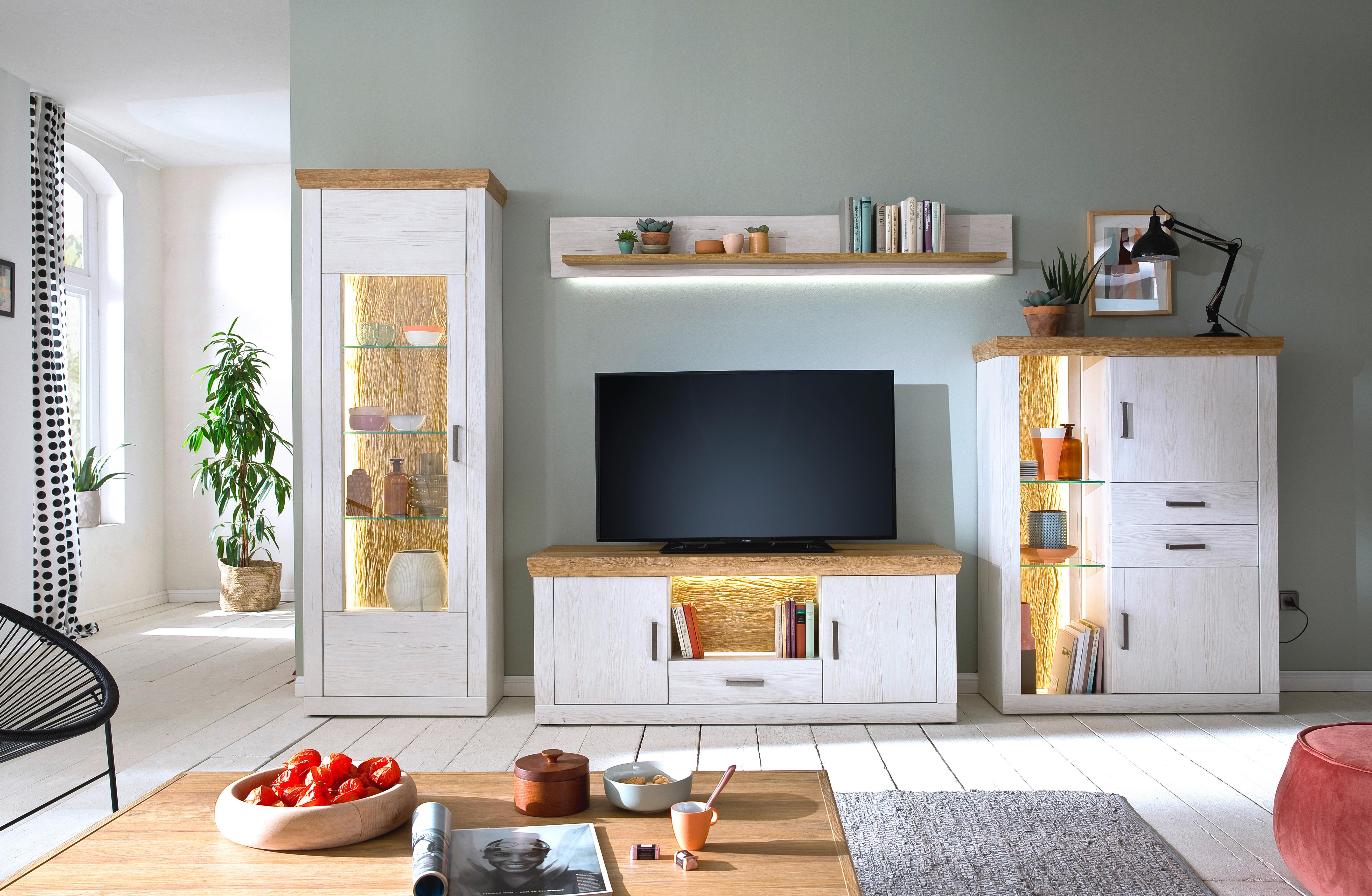 Wohnkombination 4-Tlg. Madrid Eiche-/Pinienfarben - Eichefarben/Schwarz, Design, Glas/Holzwerkstoff (351/205/50cm) - MID.YOU