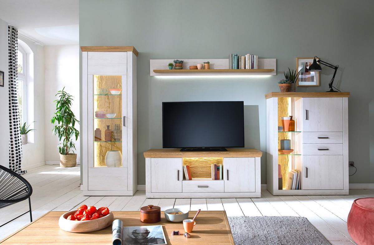 Wohnkombination 4-Tlg. Madrid Eiche-/Pinienfarben - Eichefarben/Schwarz, Design, Glas/Holzwerkstoff (351/205/50cm) - MID.YOU