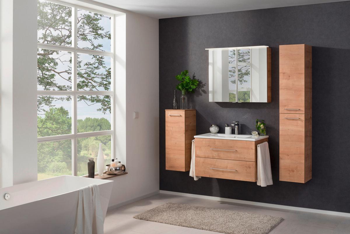 Waschbecken mit Unterschrank Perfekt B: 82 cm Eiche Dekor - Eichefarben/Weiß, MODERN, Keramik/Holzwerkstoff (82cm) - MID.YOU