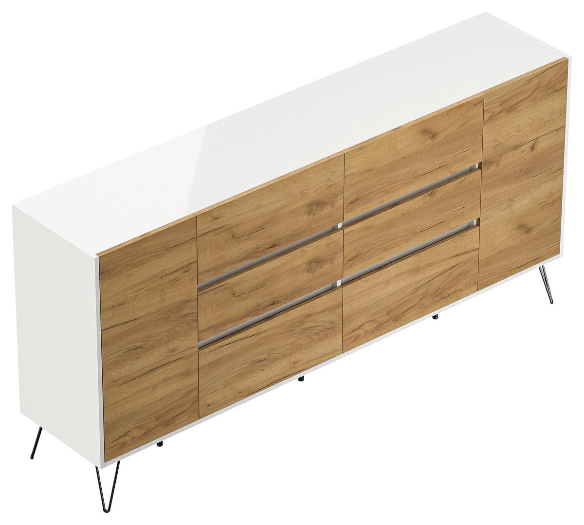 Sideboard Posseik Industrial Weiß/Eichefarben B: 199 cm - Eichefarben/Weiß Hochglanz, Design, Holzwerkstoff (199/93,6/42cm) - P & B