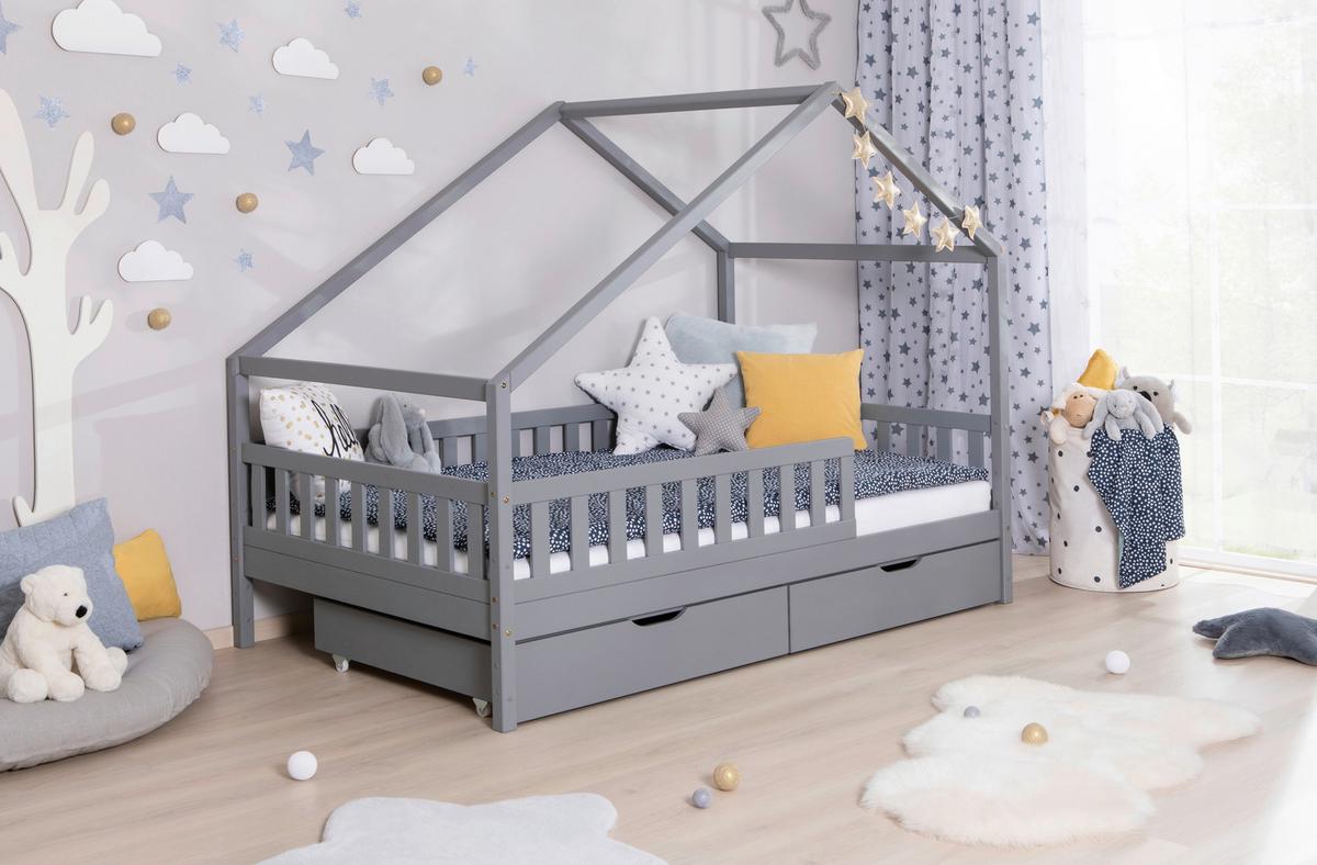 Hausbett Lou Bettschublade Hellgrau B: 120 cm - Hellgrau/Weiß, MODERN, Holz/Textil (120/200cm) - MID.YOU