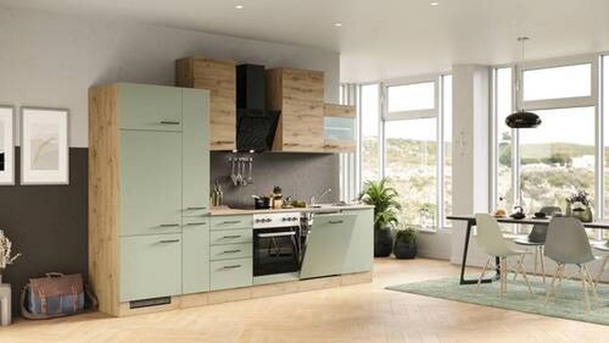 Küchenblock Cara Eiche Artisan/Grün B: 310 cm - Eiche Artisan/Grün, MODERN, Holzwerkstoff (310cm) - FlexWell