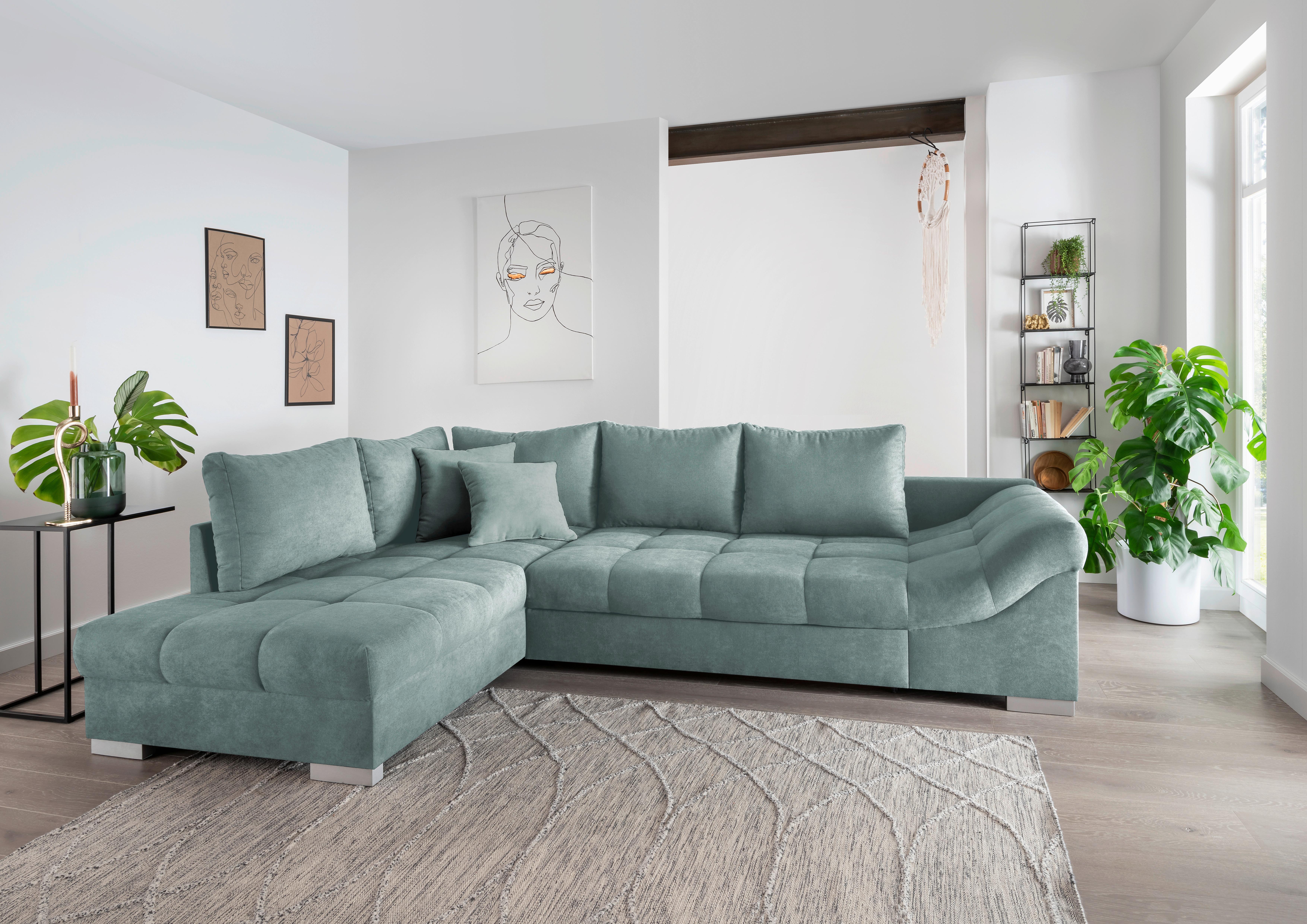 Eckschlafsofa Alvito Mintgrün S: 202/298 cm - Silberfarben/Mintgrün, Design, Textil (202/298cm) - MID.YOU