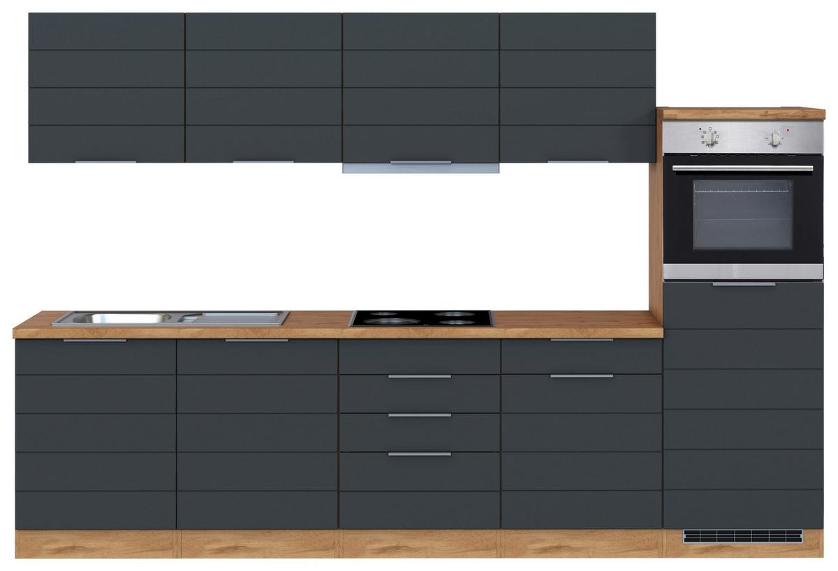 Küchenzeile Florenz mit Geräten 300 cm Grau/Eichefarben - Eiche Wotan/Grau, Design, Holzwerkstoff (300cm) - Held