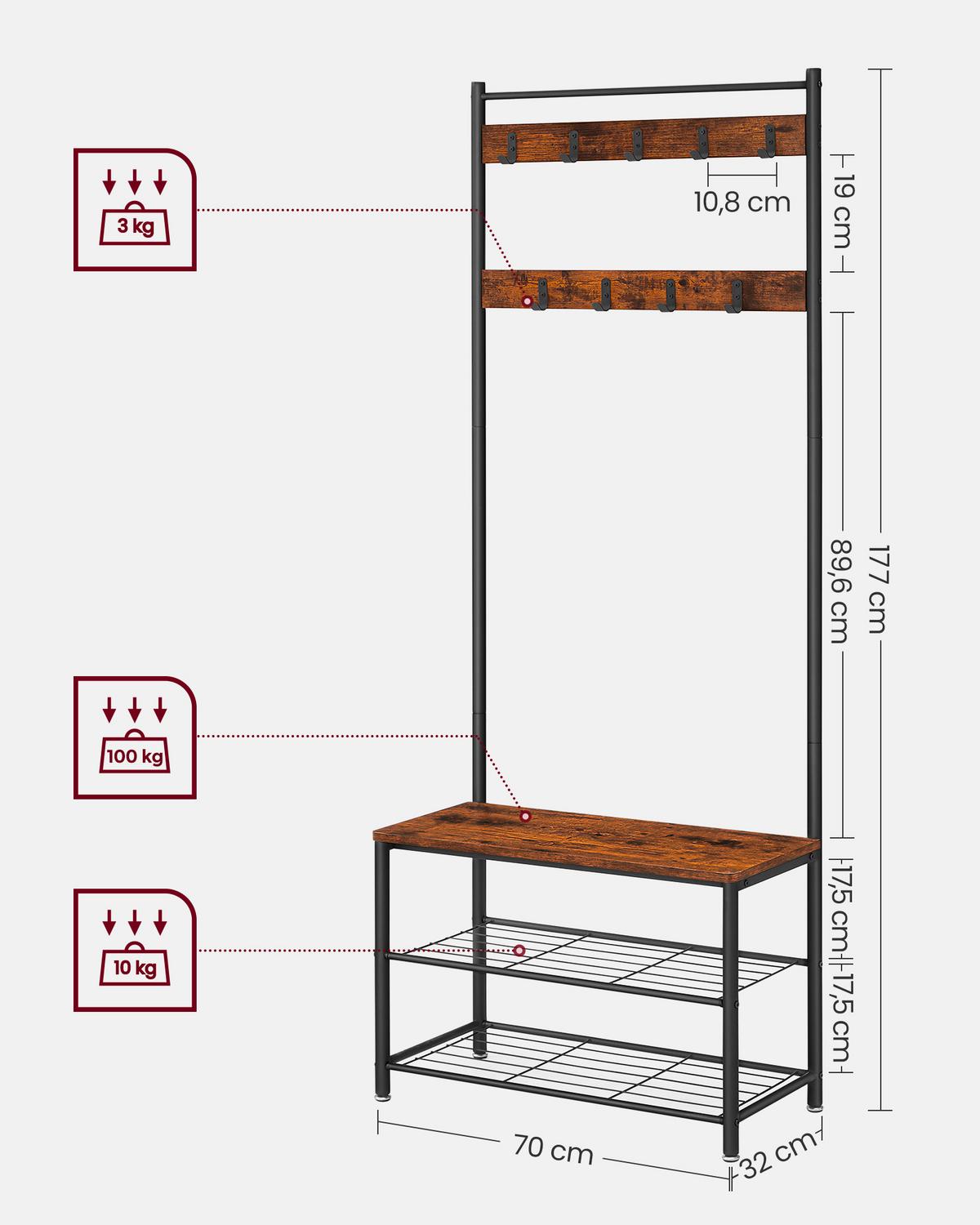 Garderobenständer Mit Sitzfläche, B: 70cm, H: 175 Cm - Schwarz/Braun, Trend, Holzwerkstoff/Metall (70/175/32cm) - Boxxx