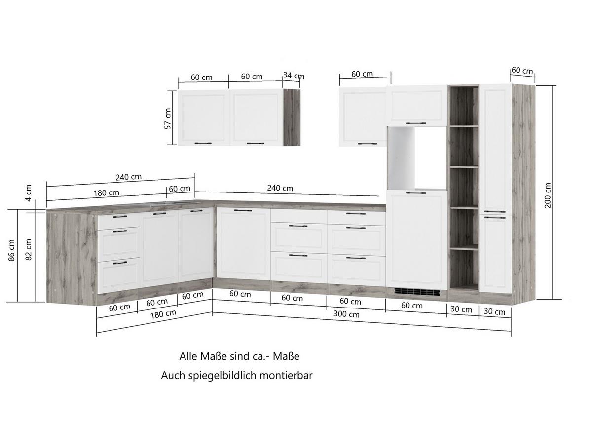 Eckküche Meran Ohne Geräte 240x360 Cm Grau/eiche Dekor - Eiche Wotan/Weiß, LIFESTYLE, Holzwerkstoff (240/360cm) - Held