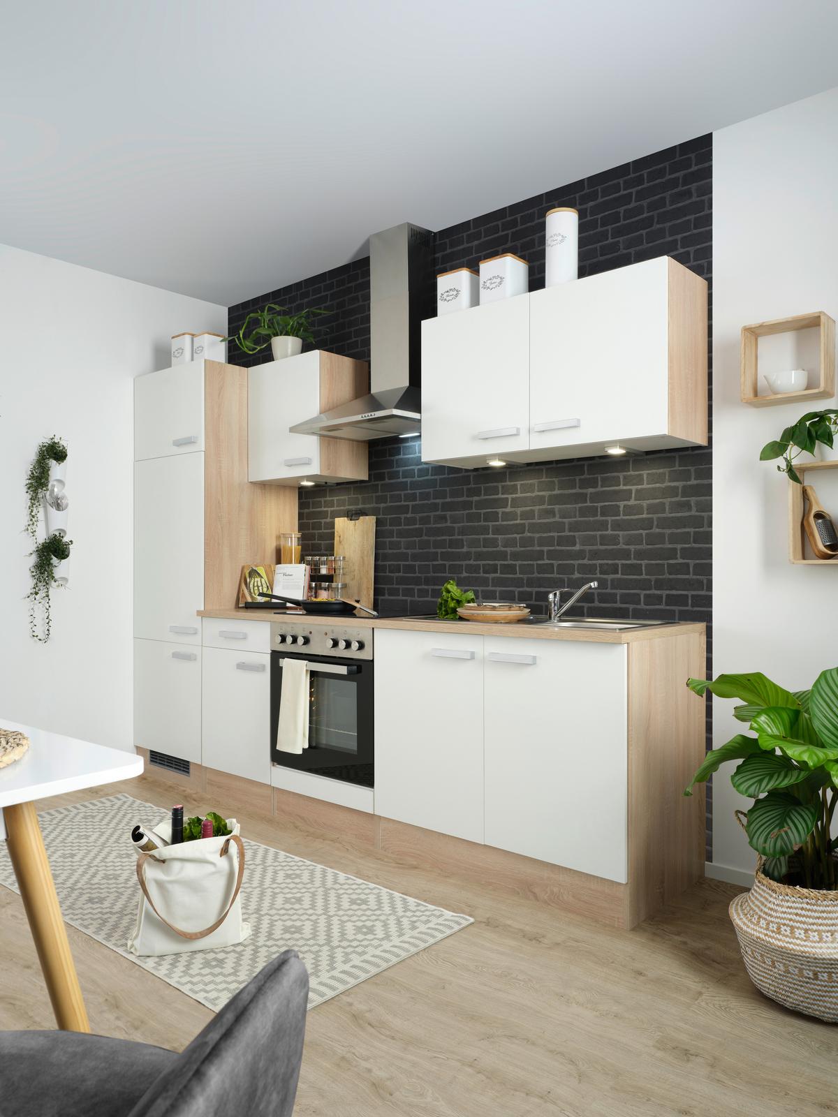 Kuchynský blok LEXA bez spotrebičov, šírka 270 cm - biela/farba duba, Modern, kompozitné drevo/plast (270cm) - Based