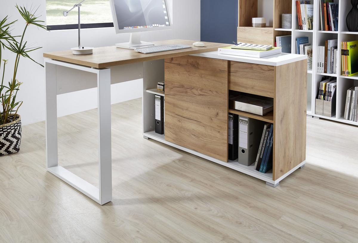 Eckschreibtisch Mit Stauraum B 120cm H 117cm Gw-Lioni Eiche - Eichefarben/Weiß, Design, Holzwerkstoff/Metall (120/75/117cm) - Germania