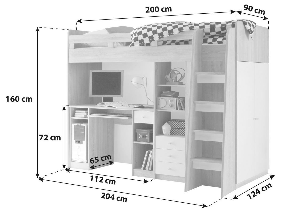 Vysoká posteľ UNIT so stolíkom a skrinkou - biela, Modern, kompozitné drevo (90/200cm) - MID.YOU