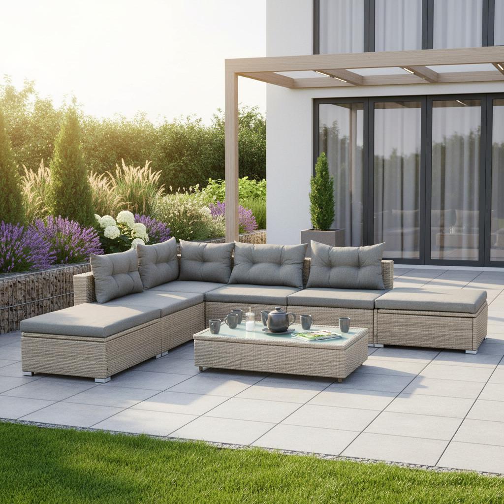 Loungegarnitur 7-tlg. Vilemanzano Aus Kunststoff - Naturfarben/Grau, MODERN, Glas/Kunststoff - Gardenson