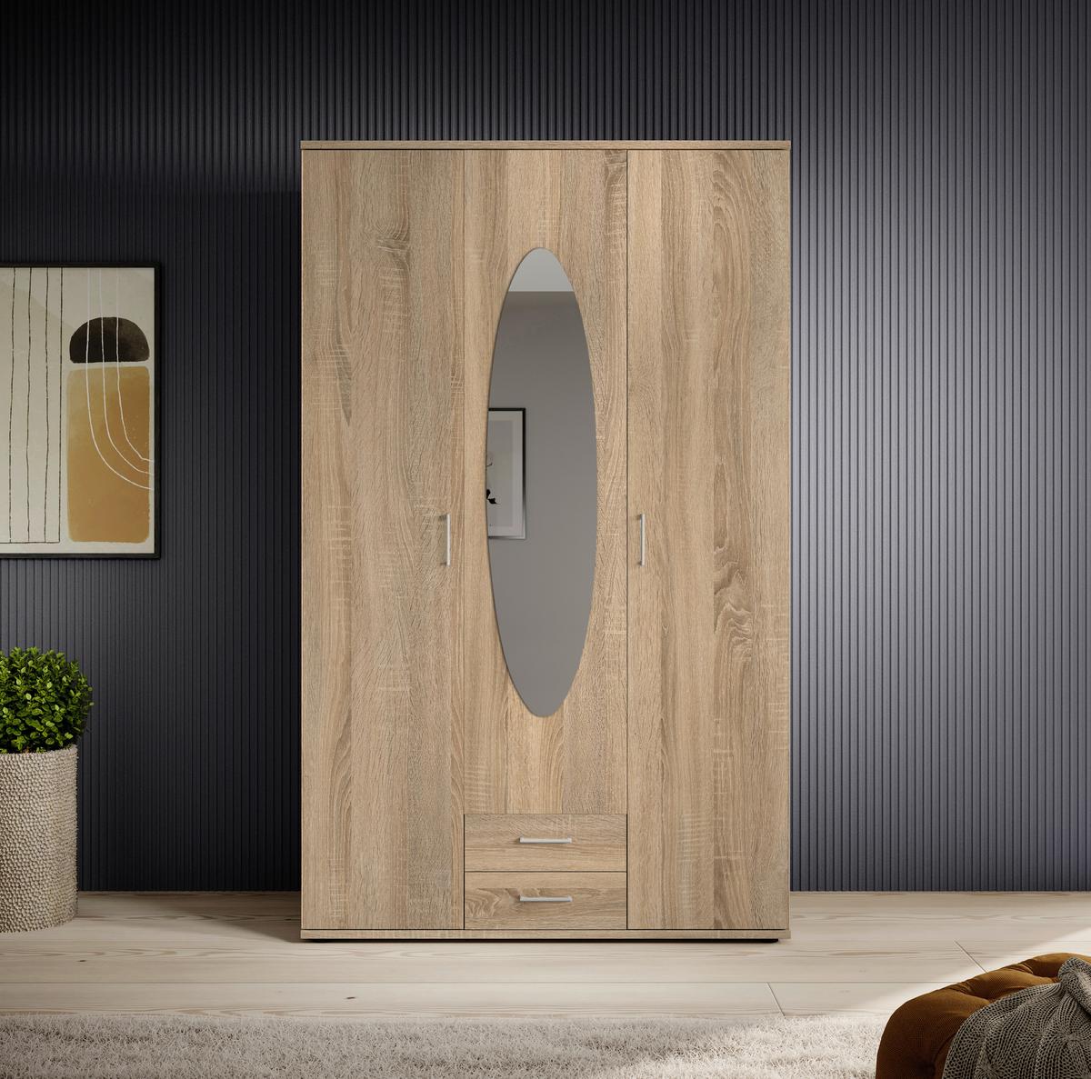 Drehtürenschrank Mit Spiegel 159cmpaul,eiche Sonoma 3-Türig - Sonoma Eiche, Basics, Glas/Holzwerkstoff (159/195/55cm)