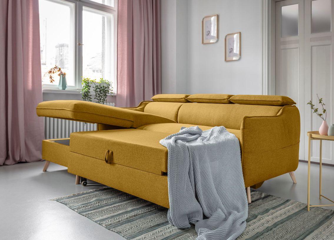 Rozkládací sedačka Simone, levé provedení - přírodní barvy/hořčicově žlutá, Moderní, dřevo/textil (228/82/95/162cm)
