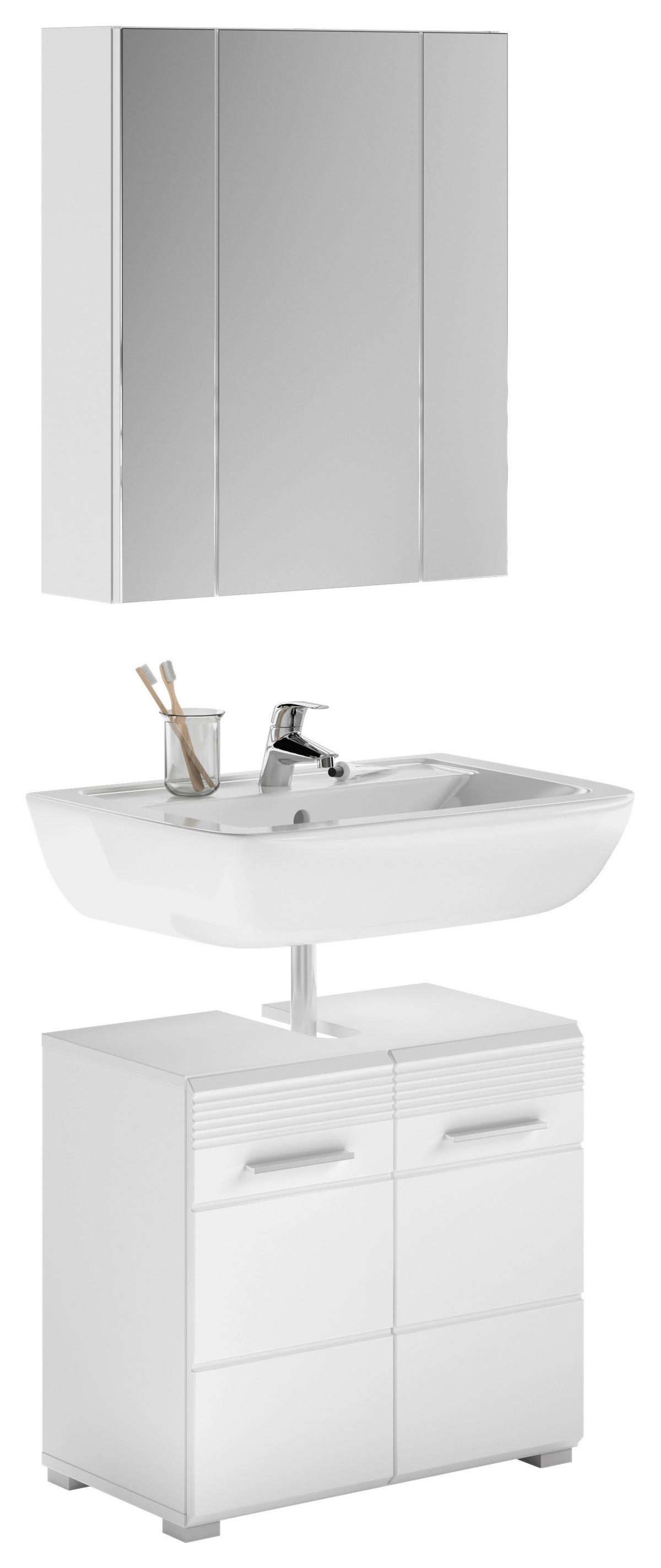 Badezimmer Linus Weiß Hochglanz B: 60cm - Weiß Hochglanz/Silberfarben, MODERN, Glas/Holzwerkstoff (60/182/34cm) - MID.YOU