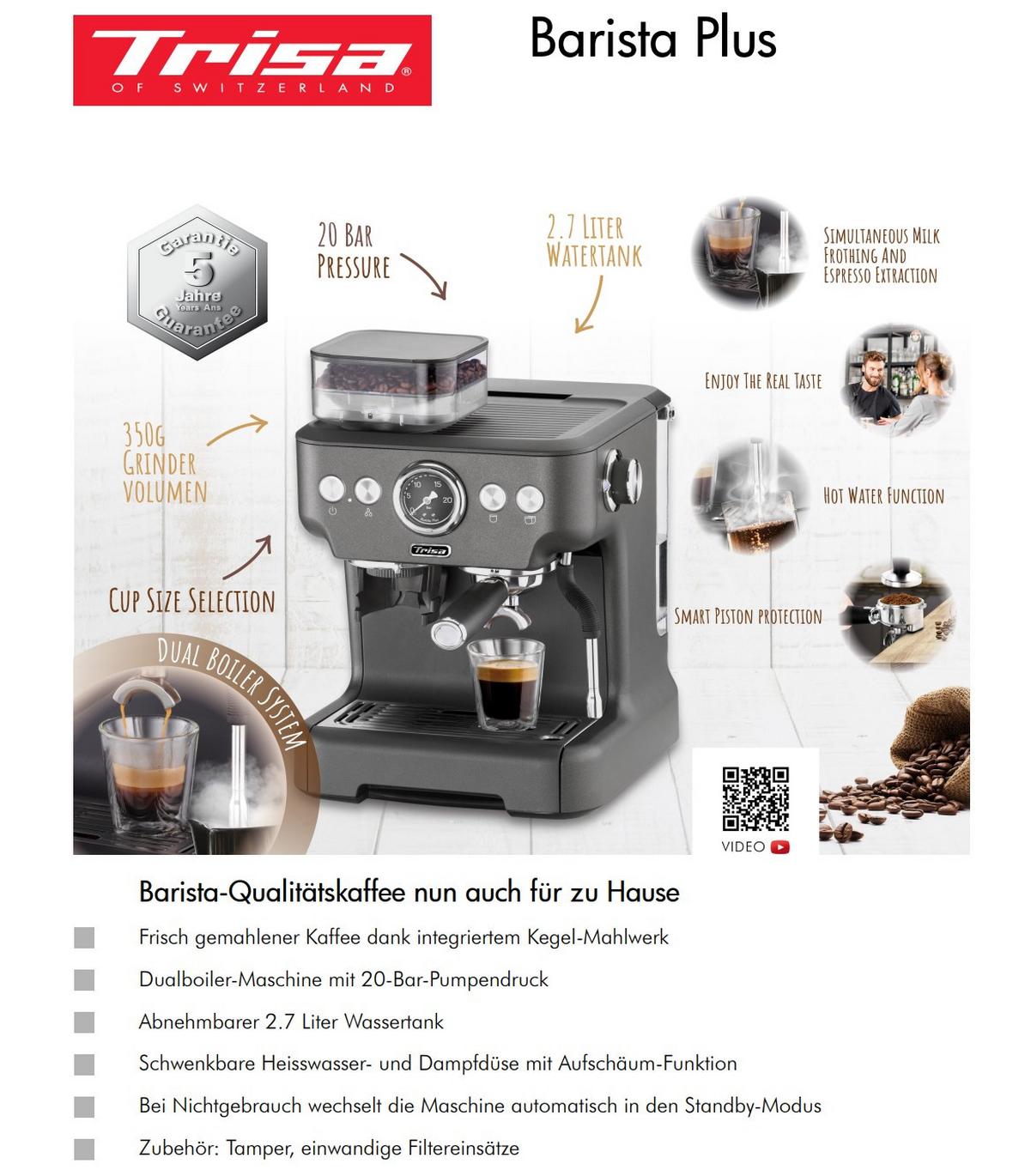 Espressomaschine Barista Plus 20 Bar 2,7 L für 2 Tassen - Rot, Basics, Metall (32,5/41/28cm) - Trisa Electronics