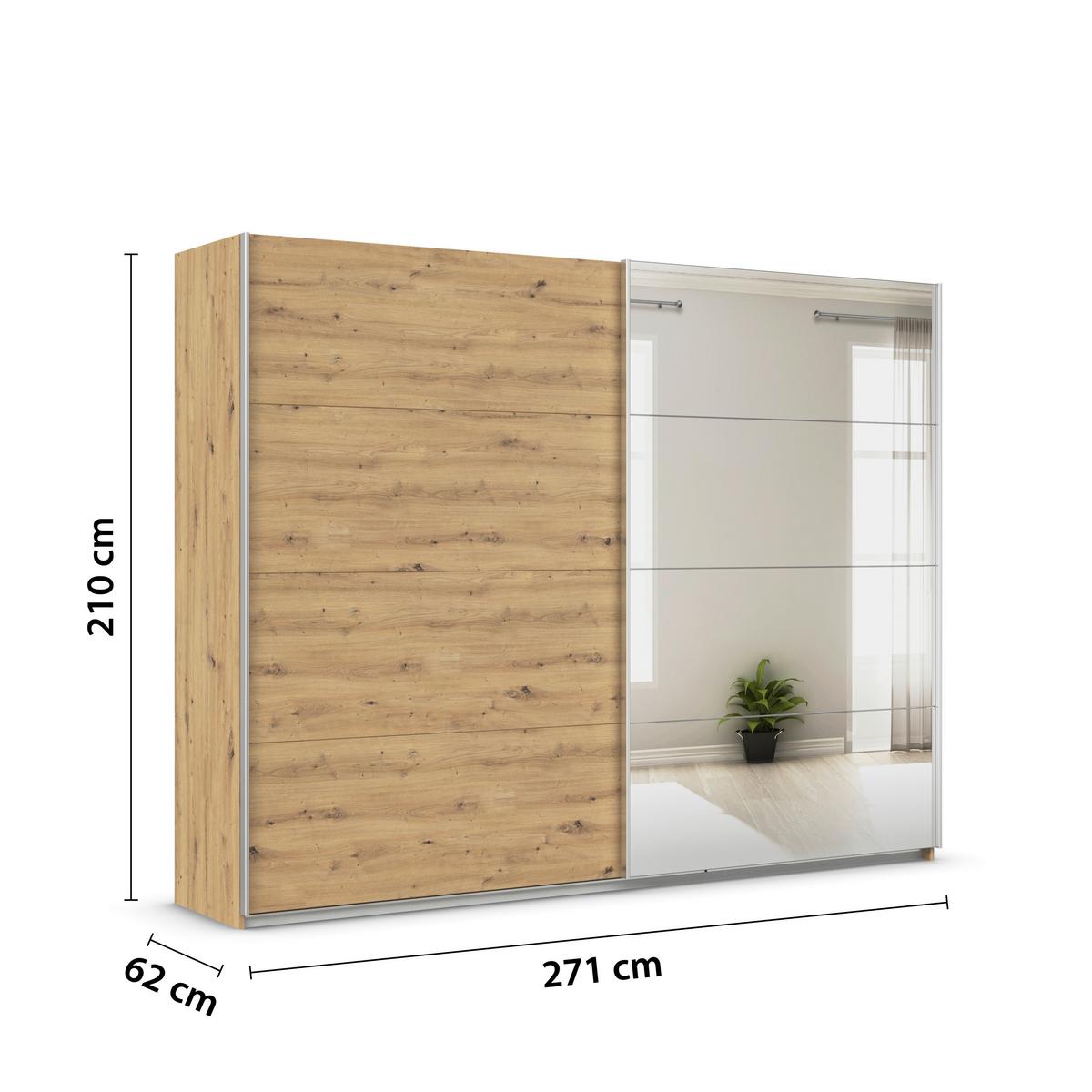 Schwebetürenschrank + Spiegel B: 271cm Feldkirch Eiche Dekor - Silberfarben/Eiche Artisan, MODERN, Holzwerkstoff (271/210/62cm)