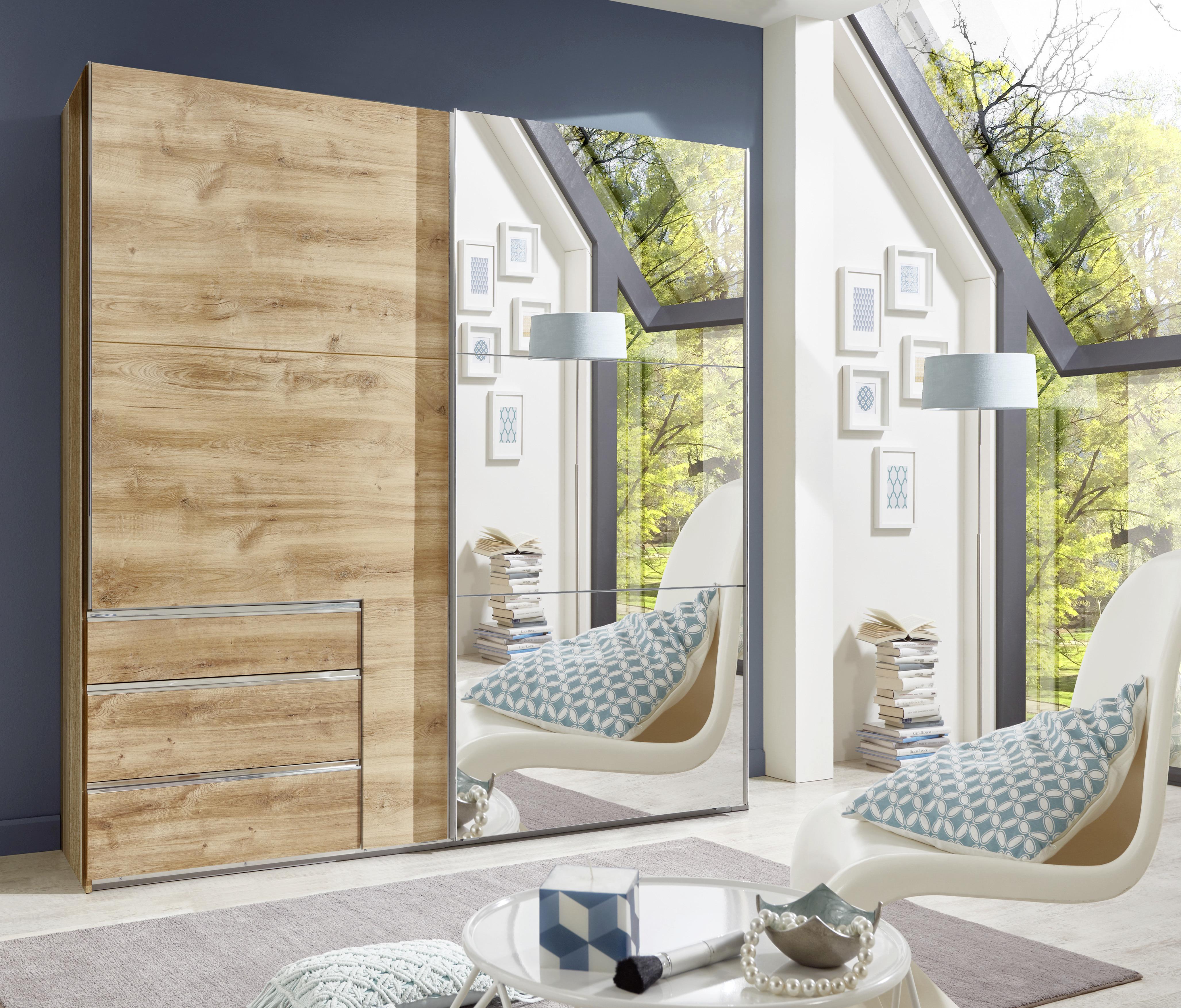 Schwebetürenschrank Mit Spiegel 250cm Level 36a, Eiche Dekor - Eichefarben, MODERN, Glas/Holzwerkstoff (250/216/65cm) - MID.YOU